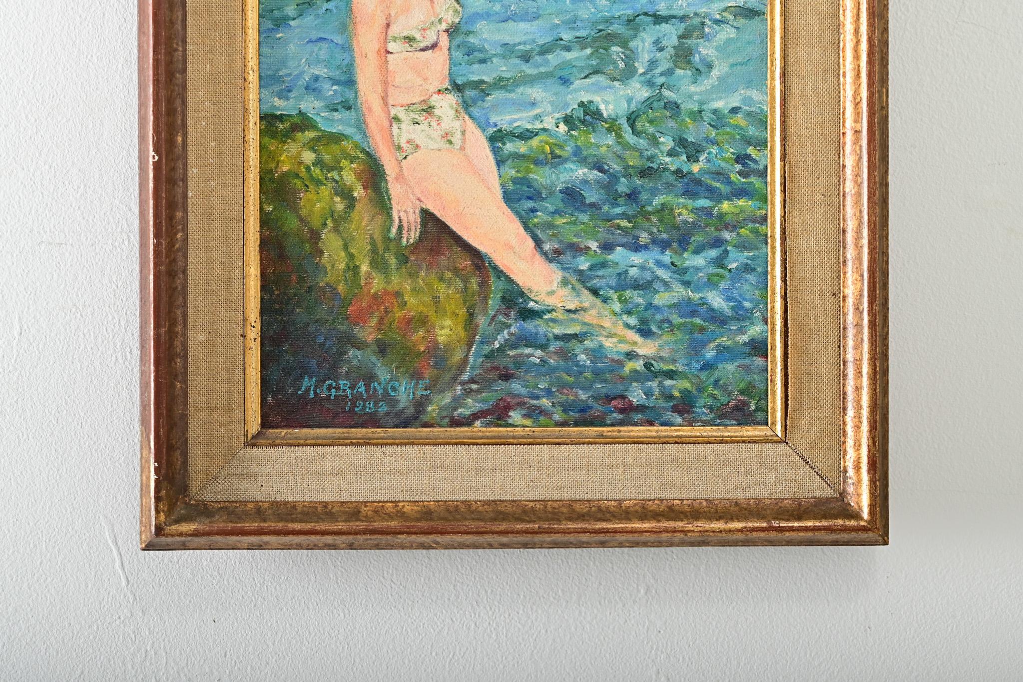 Französisch Vintage gerahmt Porträt einer Dame Schwimmen (Geölt) im Angebot