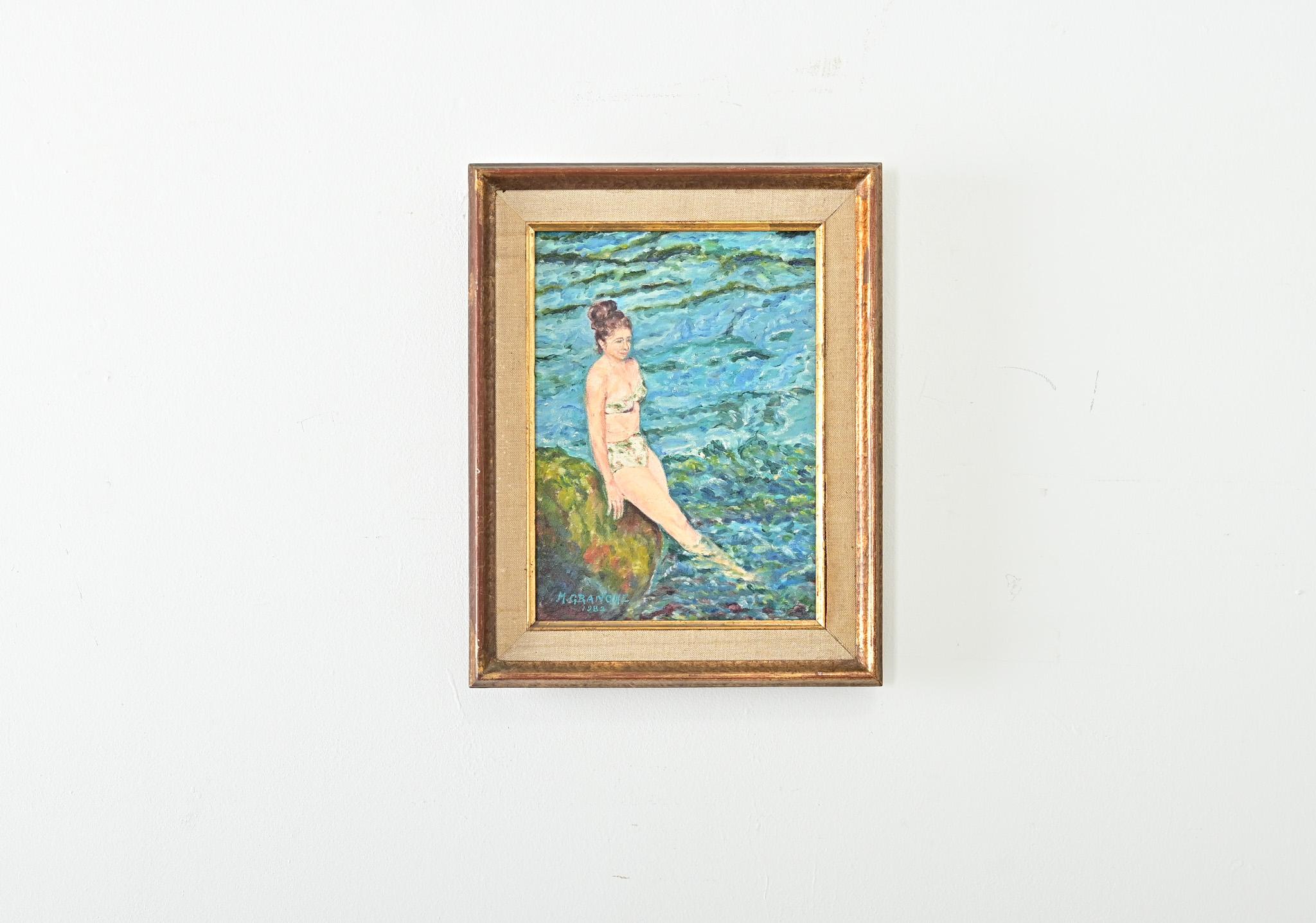 Französisch Vintage gerahmt Porträt einer Dame Schwimmen (Leinwand) im Angebot