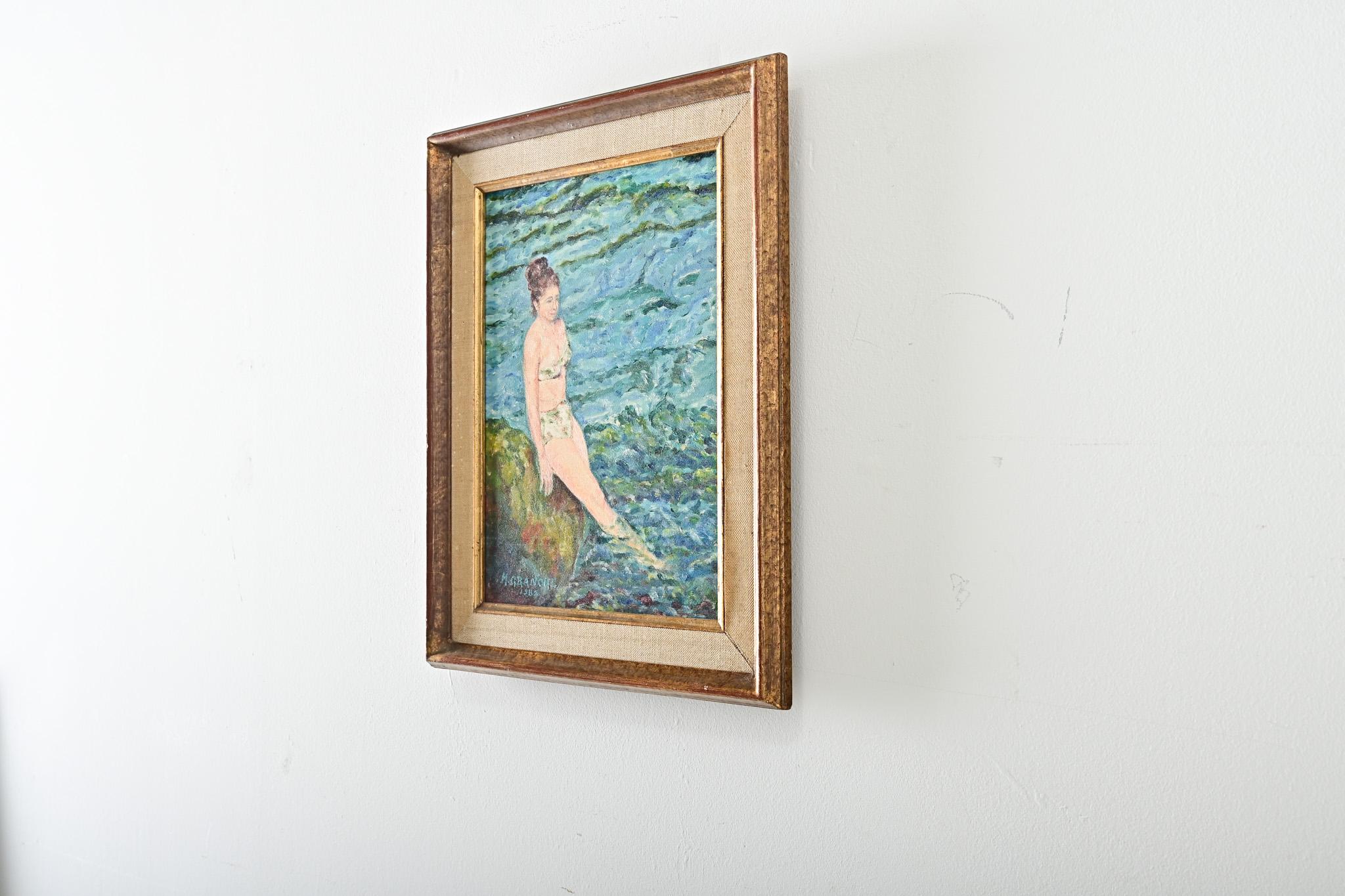 Französisch Vintage gerahmt Porträt einer Dame Schwimmen im Angebot 1