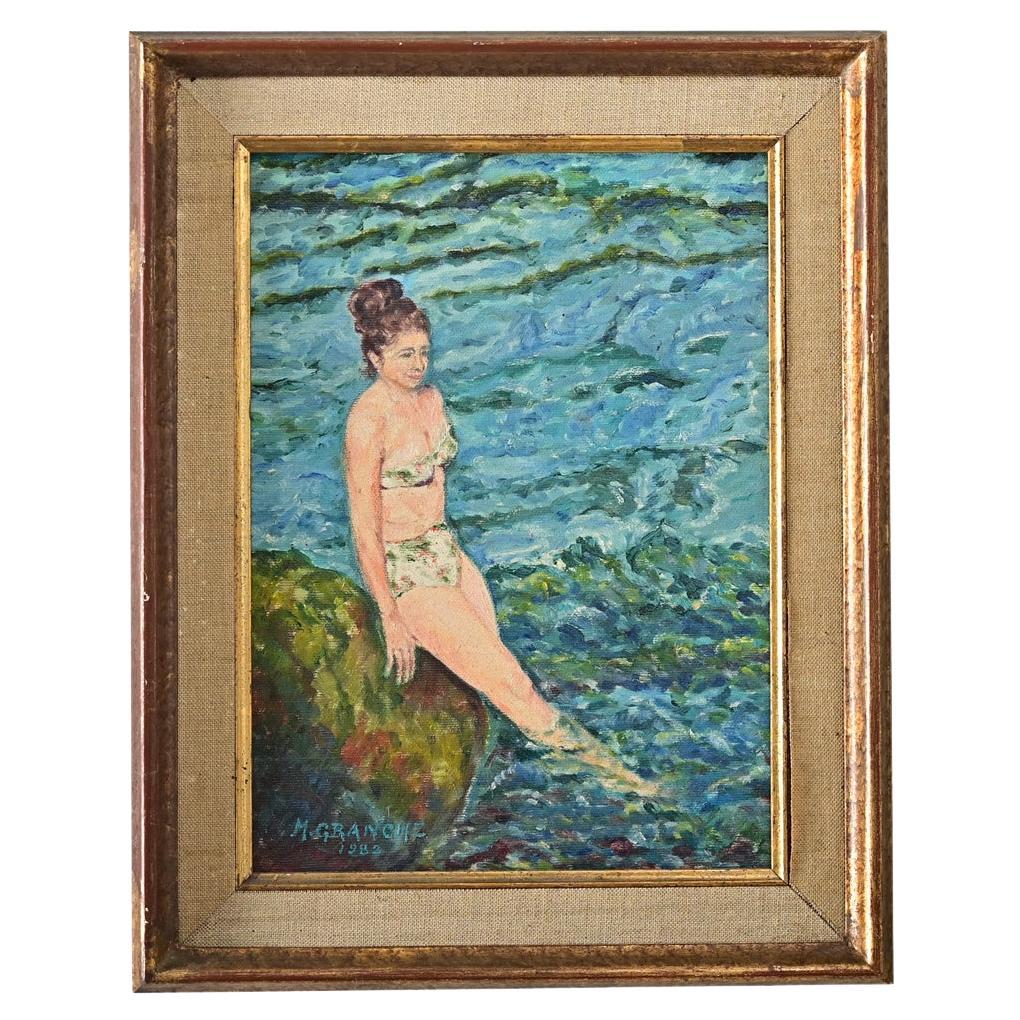 Französisch Vintage gerahmt Porträt einer Dame Schwimmen im Angebot