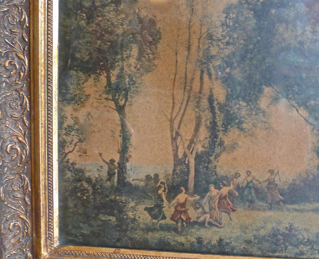 French Vintage Framed Print of a Morning, Dance of the Nymphs by JB Corot In Distressed Condition In Santa Monica, CA