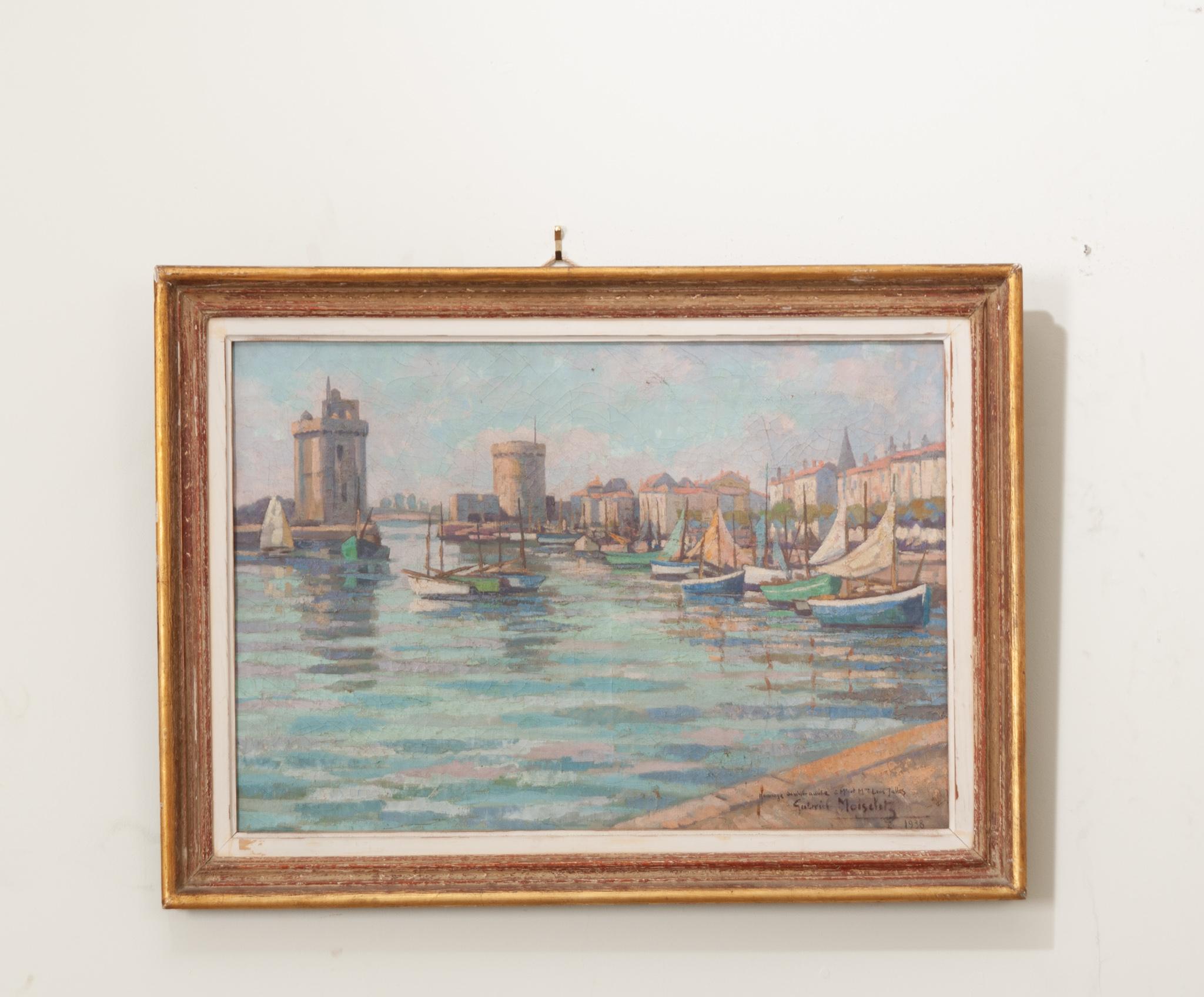 A charming and pastel colored oil on canvas featuring the “Port of La Rochelle” circa 1938.  Signed by the artist, Gabriel Moiselet. Beautifully done with wonderful brushwork and soft color. This painting is framed in a delicate gold gilt frame. Be