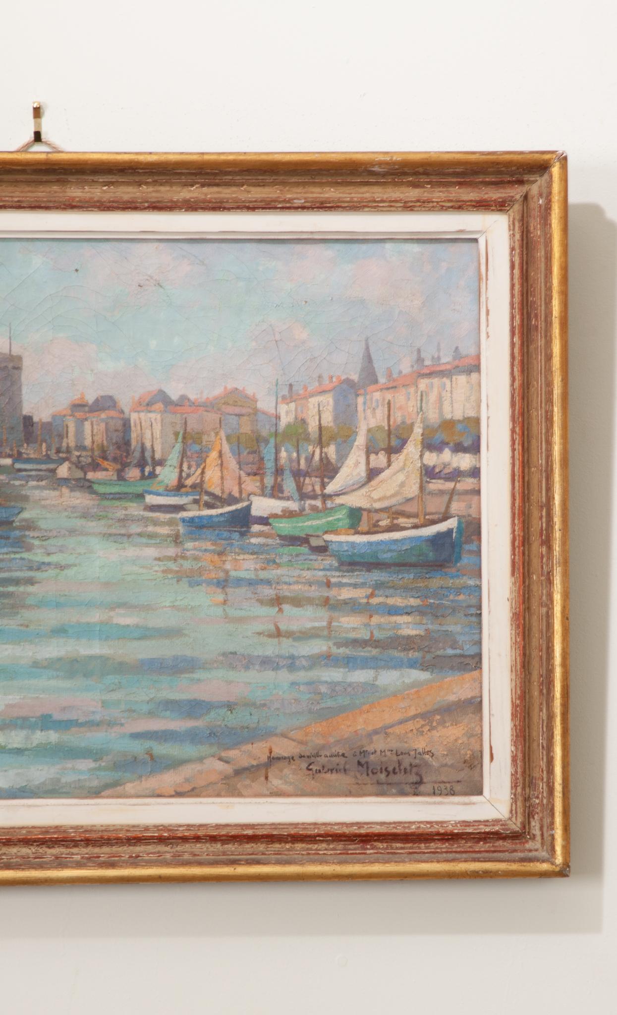 Hand-Painted French Vintage Framed Seaside Oil Painting For Sale
