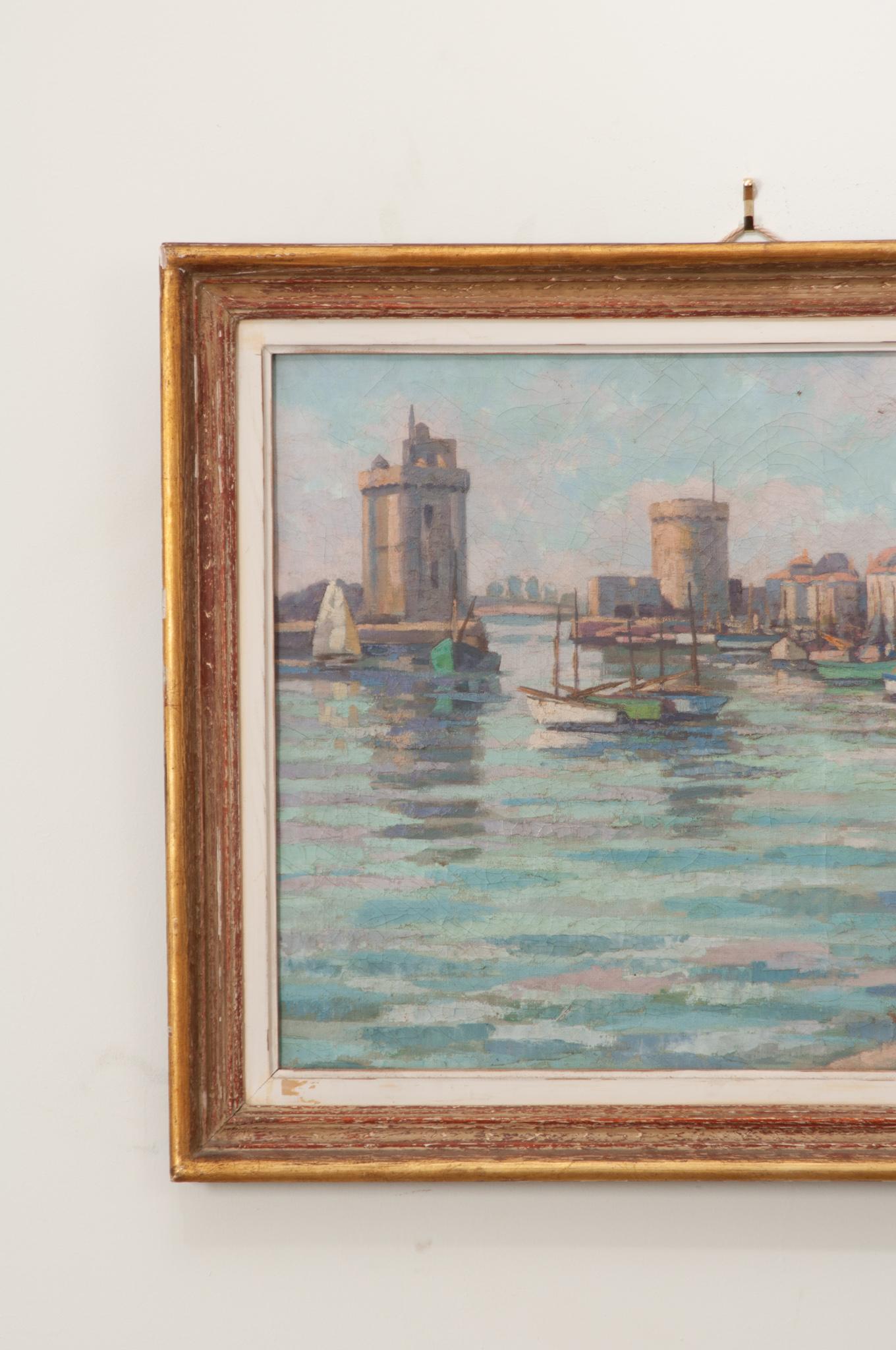French Vintage Framed Seaside Oil Painting In Good Condition For Sale In Baton Rouge, LA
