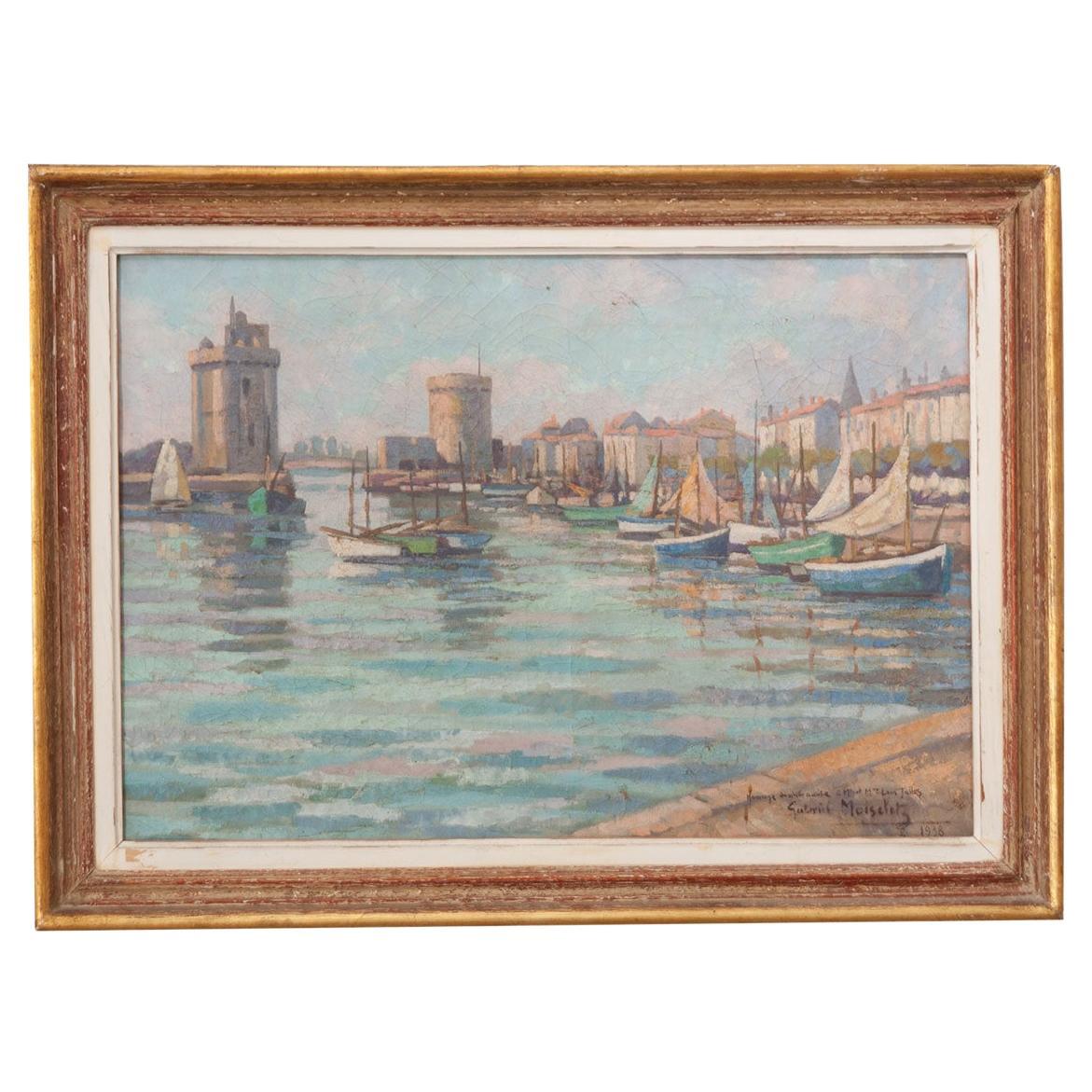 Pittura ad olio francese d'epoca incorniciata sul mare