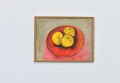 French Vintage Framed Still Life of Apples in a Red Bowl