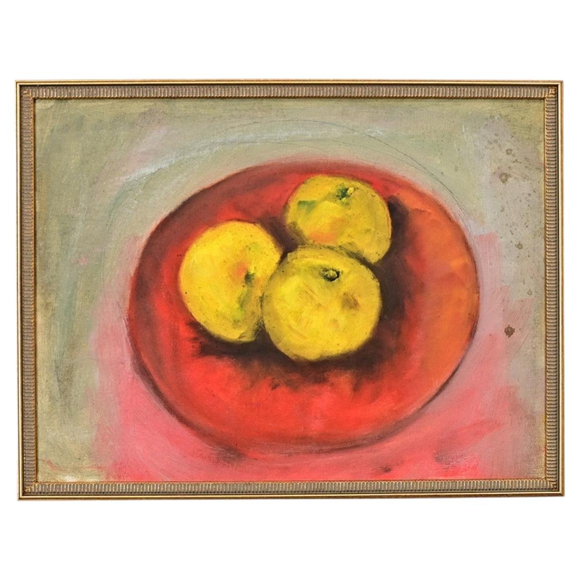 French Vintage Framed Still Life of Apples in a Red Bowl