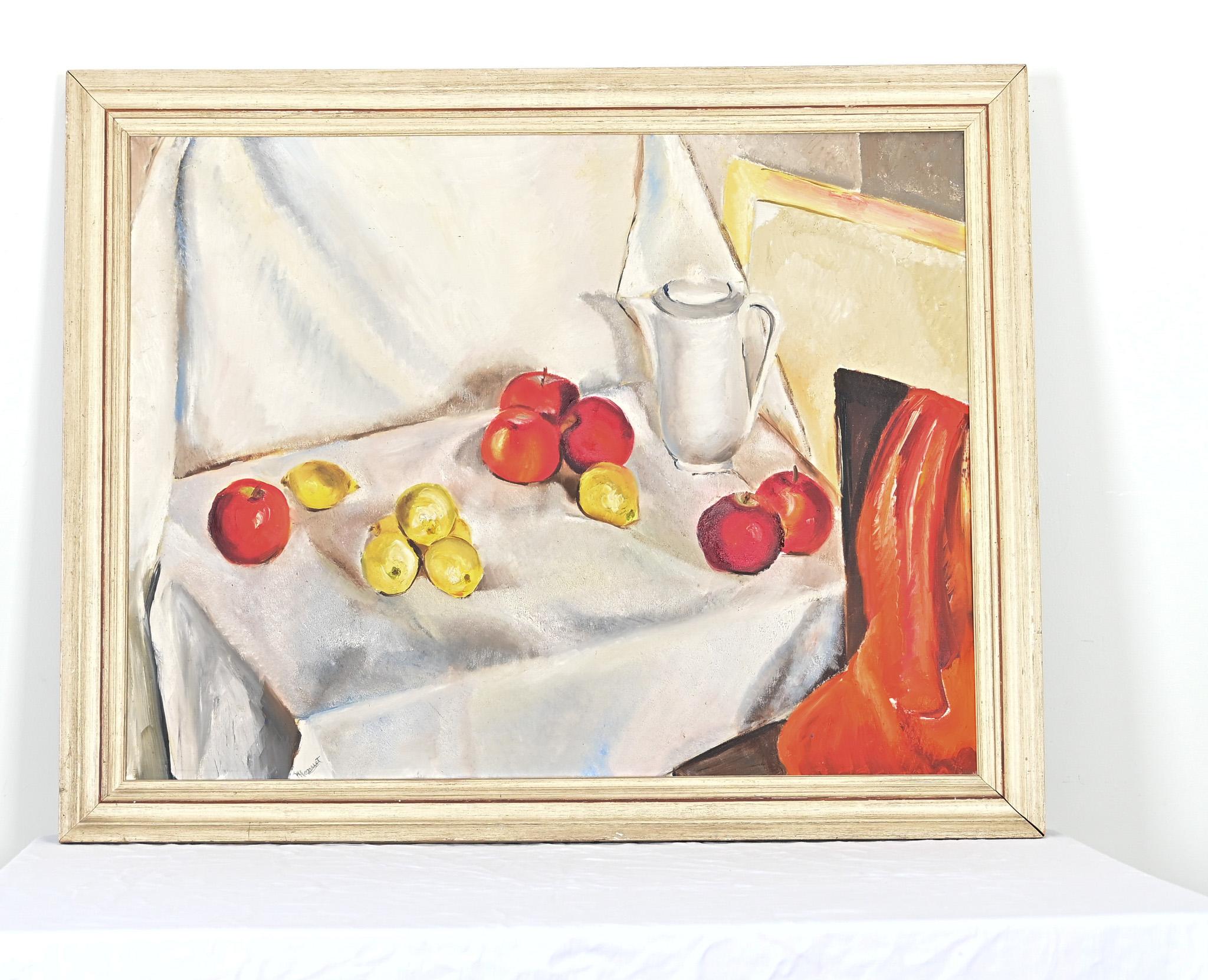 Ein französisches Ölgemälde aus der Mitte des 20. Jahrhunderts, das verschiedene rote Äpfel und grüne Birnen auf einem mit Stoff drapierten Tisch zeigt. Die Komposition ist eine moderne und frische Interpretation eines klassischen