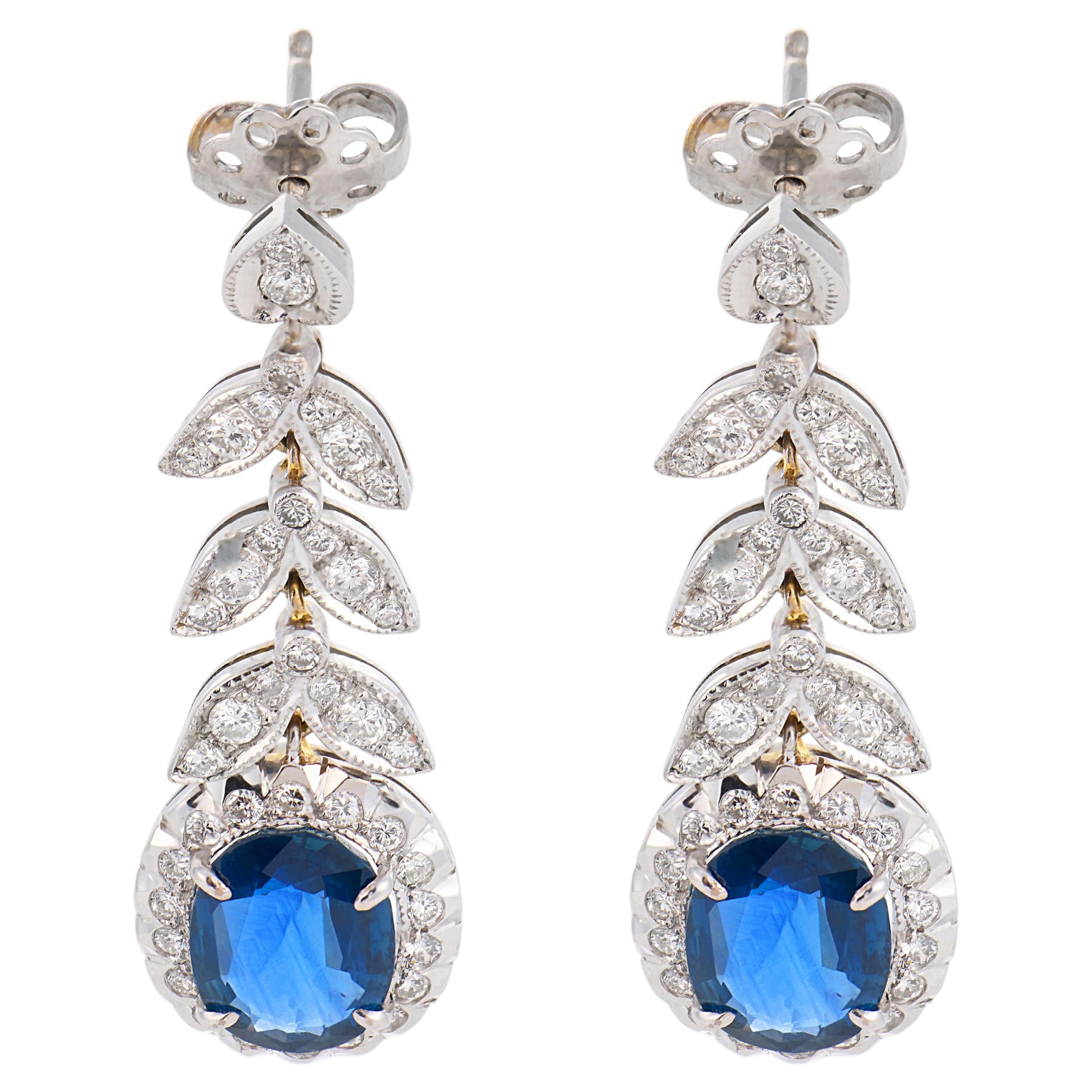 French vintage GIA 5.00 carat sapphire diamond 18k white gold earrings