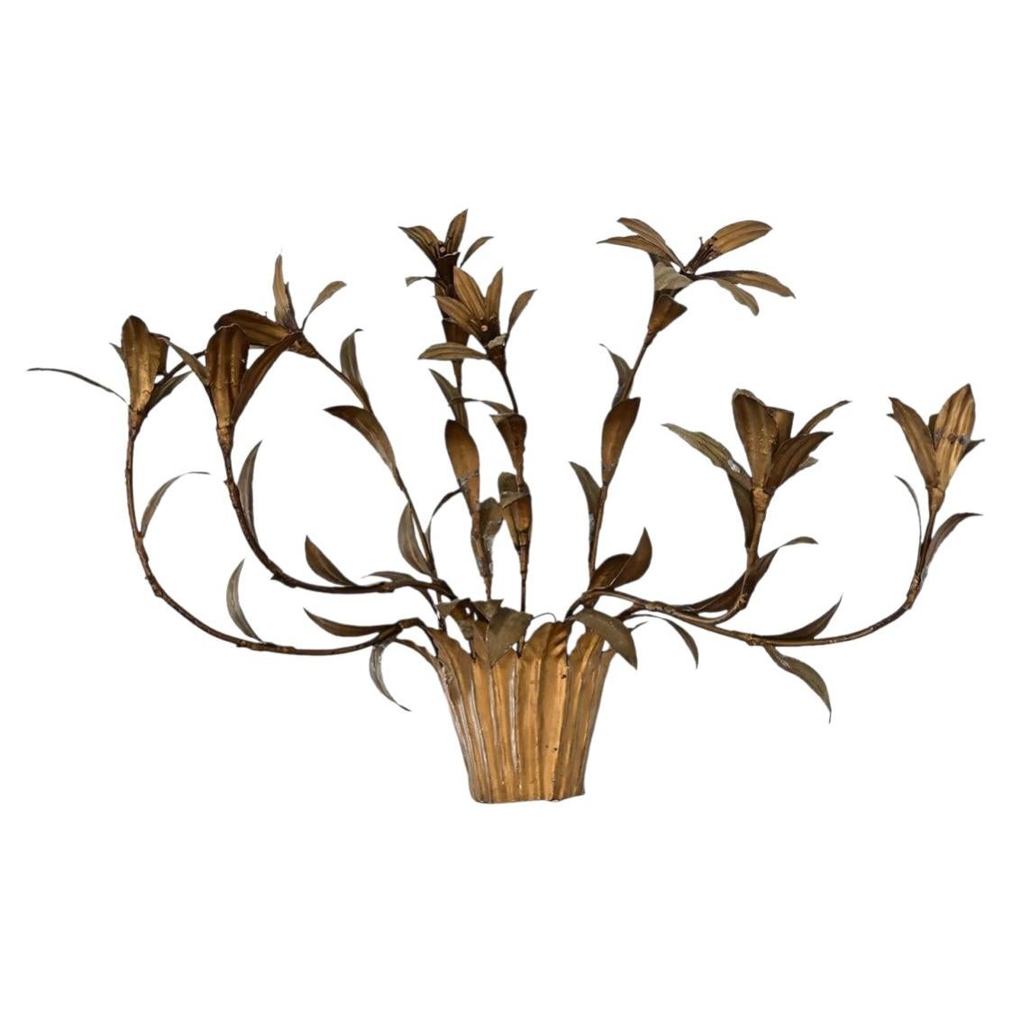 French Vintage Gilded Metal Basket of Flowers Wall Sconce