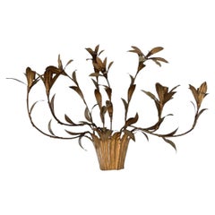 French Vintage Gilded Metal Basket of Flowers Wall Sconce