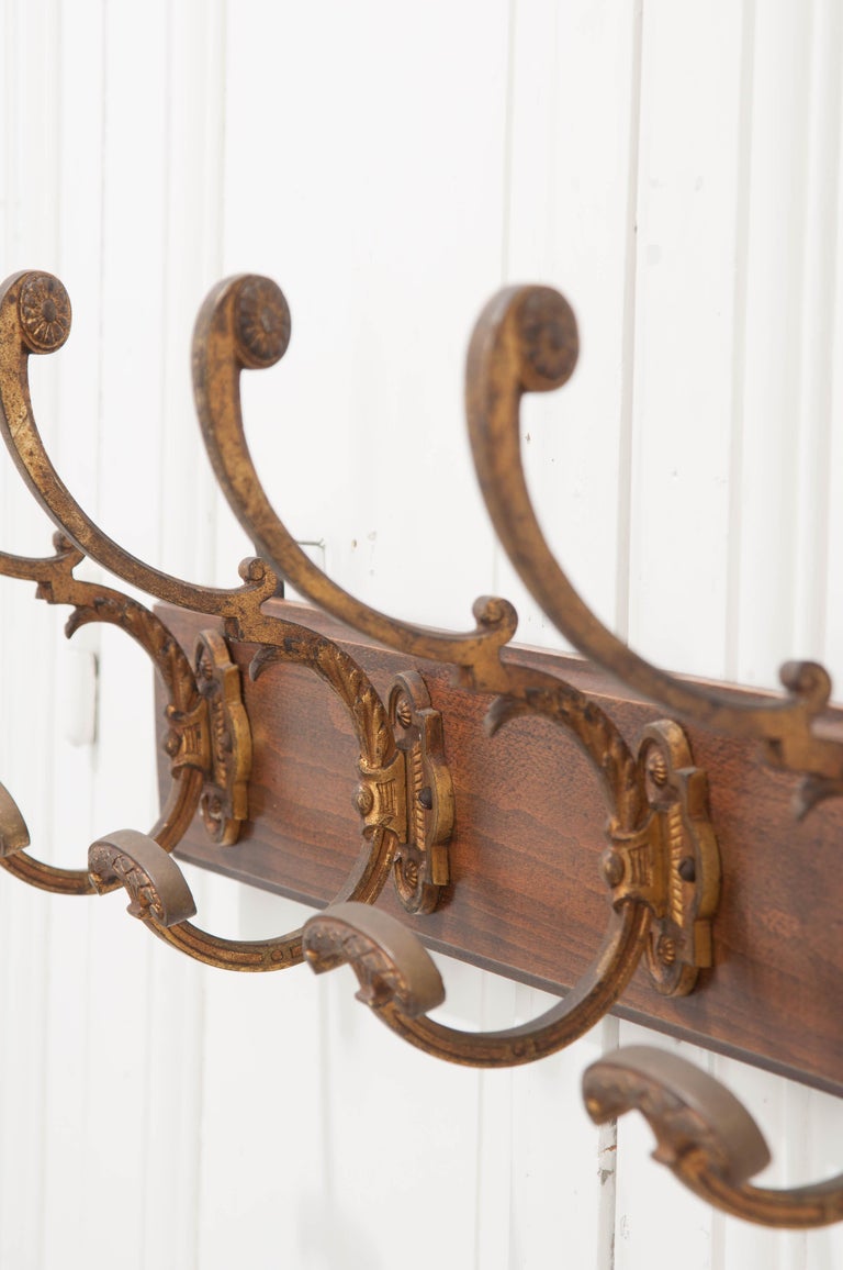 French Vintage GiltBrass and Oak Coat Rack For Sale at 1stdibs