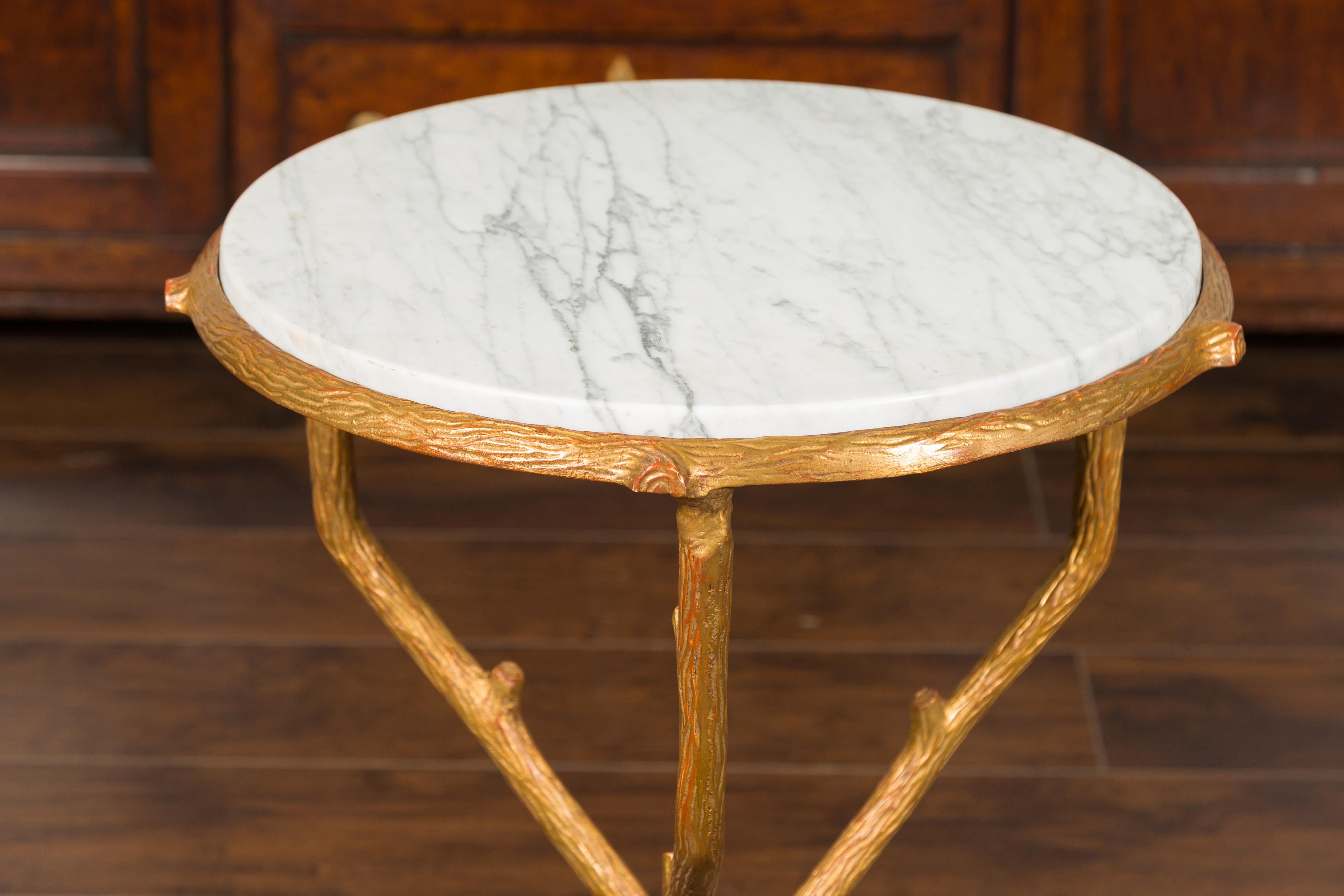 French Vintage Gilt Metal Side Table with Faux Bois Style Legs and Marble Top For Sale 2