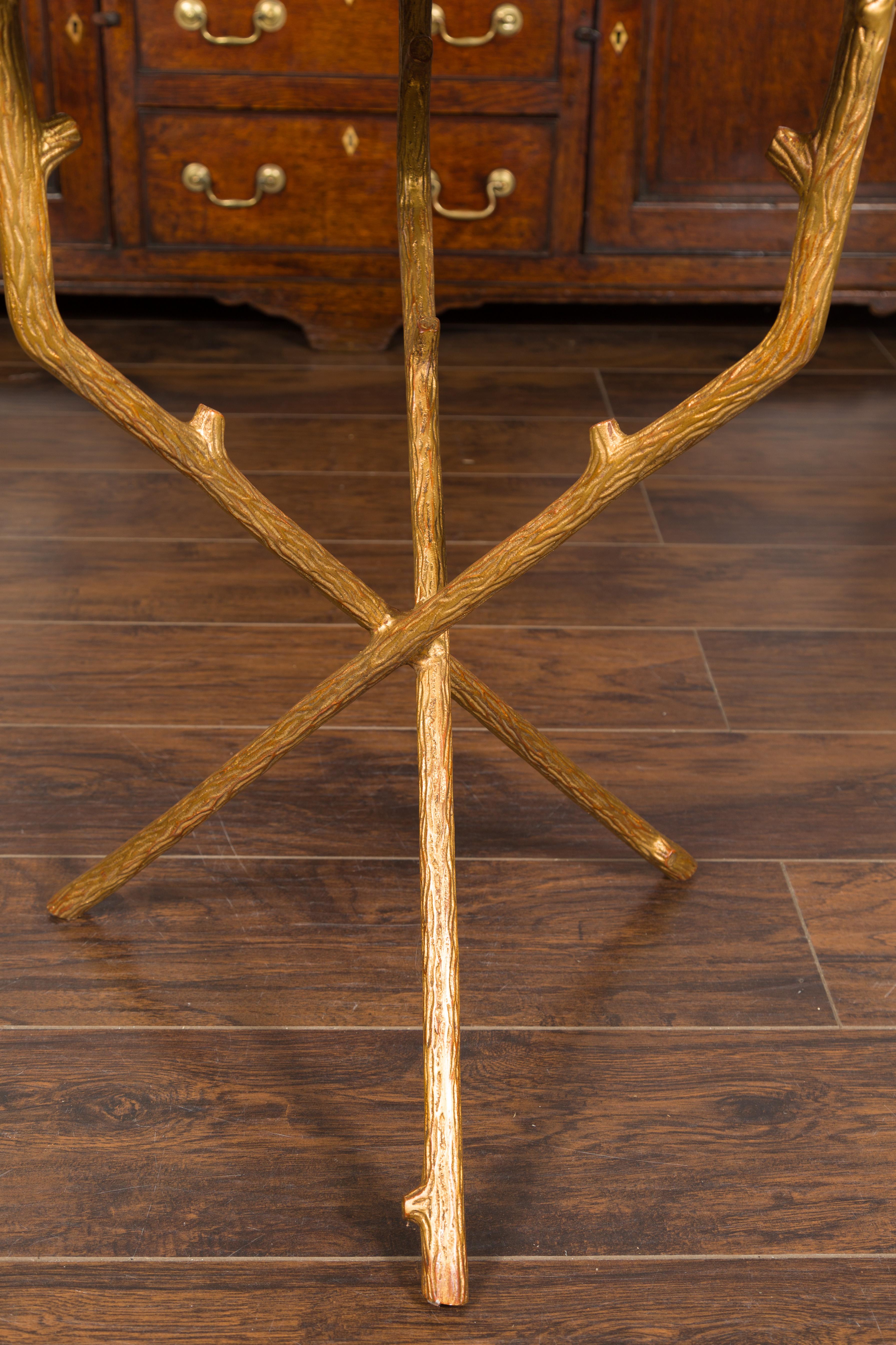 Mid-Century Modern French Vintage Gilt Metal Side Table with Faux Bois Style Legs and Marble Top For Sale