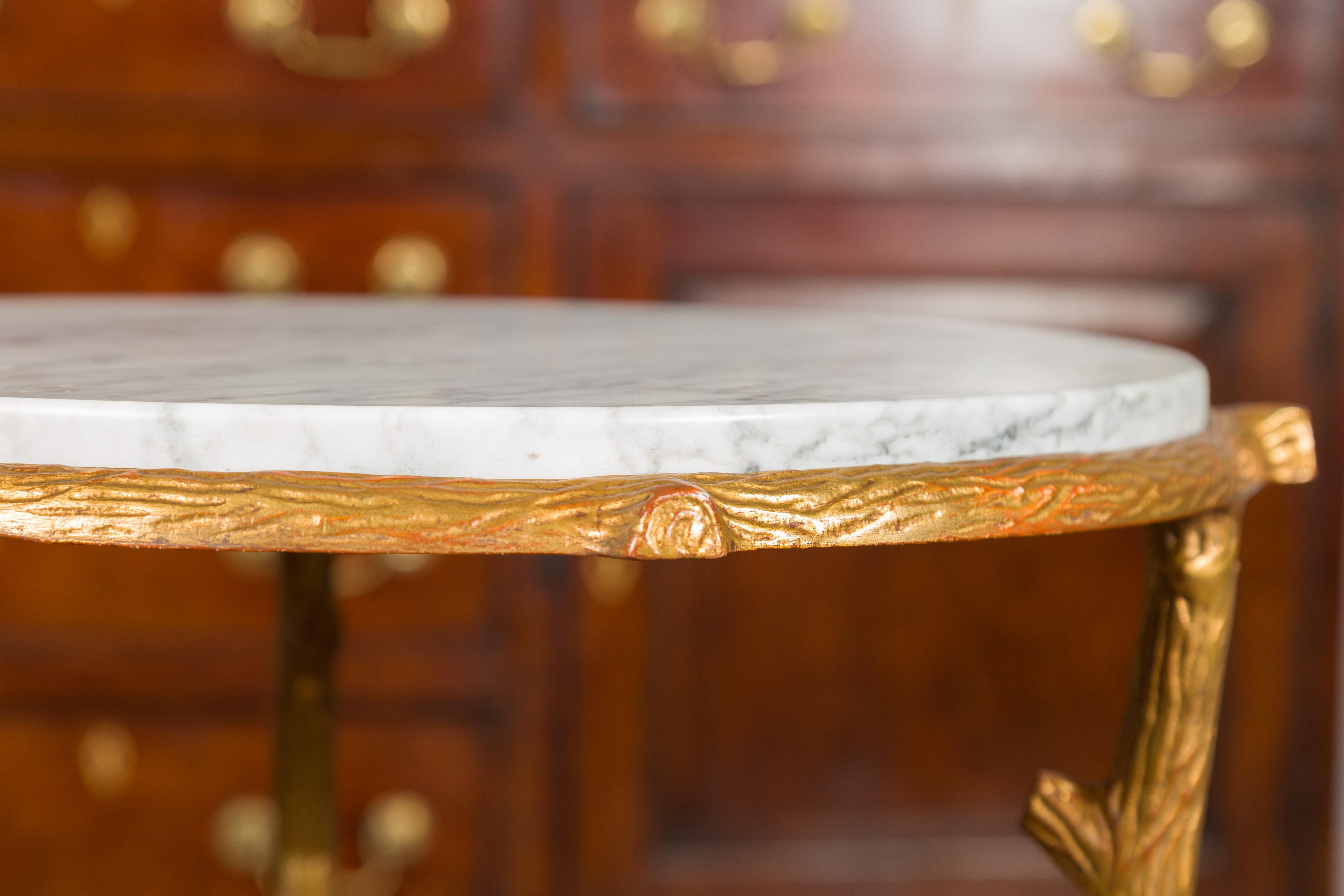 20th Century French Vintage Gilt Metal Side Table with Faux Bois Style Legs and Marble Top For Sale