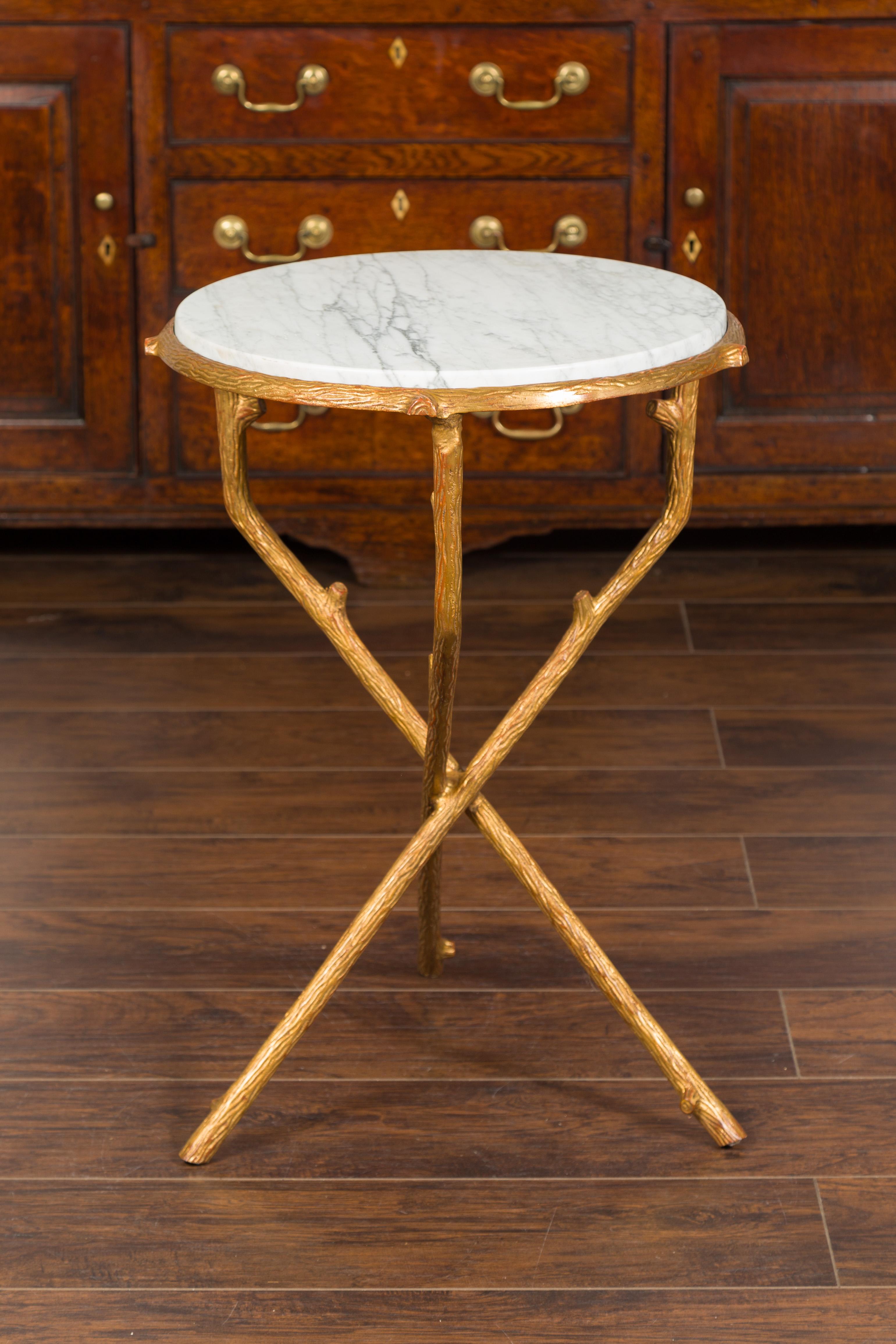 French Vintage Gilt Metal Side Table with Faux Bois Style Legs and Marble Top For Sale 1