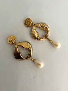 French Vintage Gilt Fish and Pearl Drop Earrings