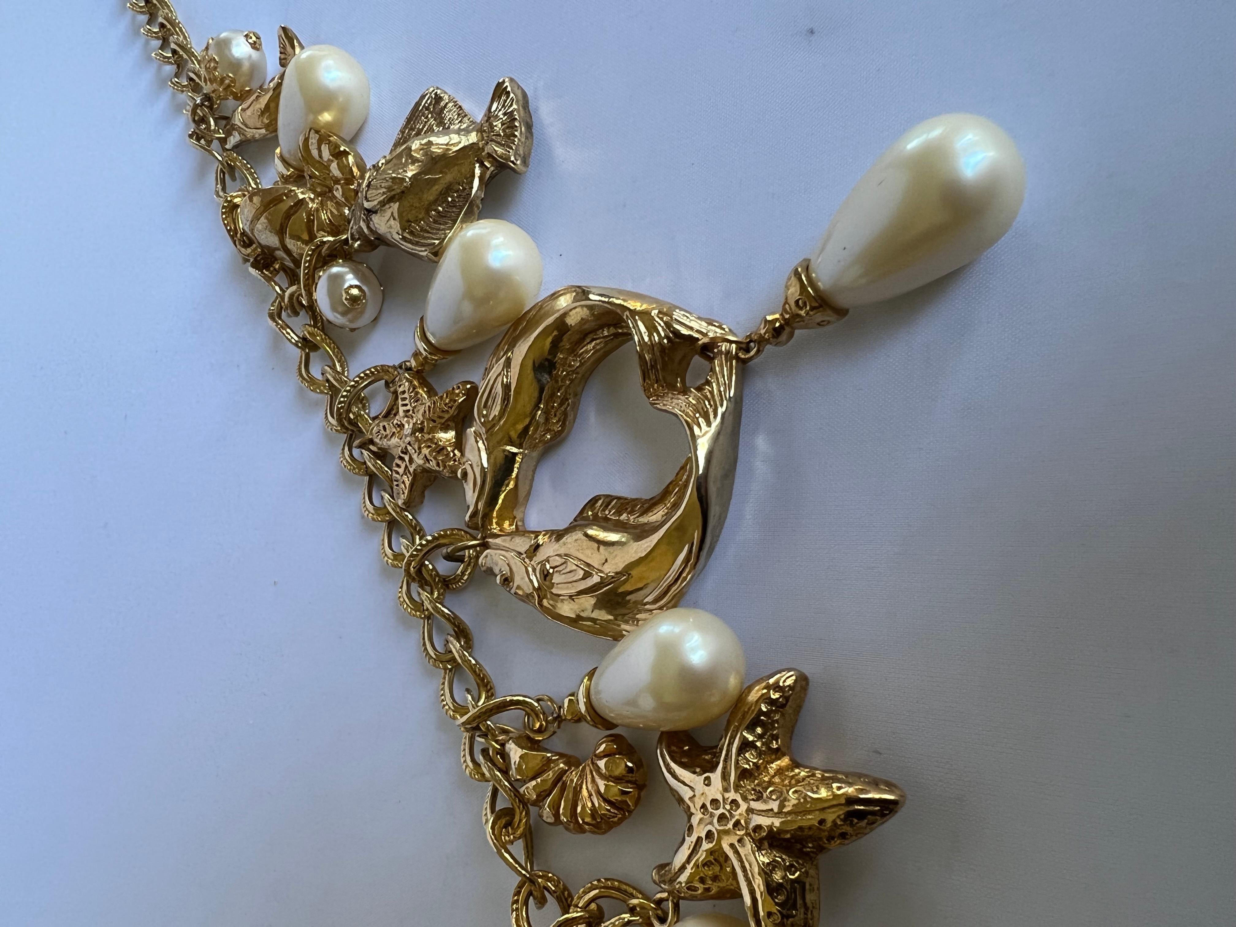 Artisan French Vintage Gilt Fish and Pearl Statement Necklace 