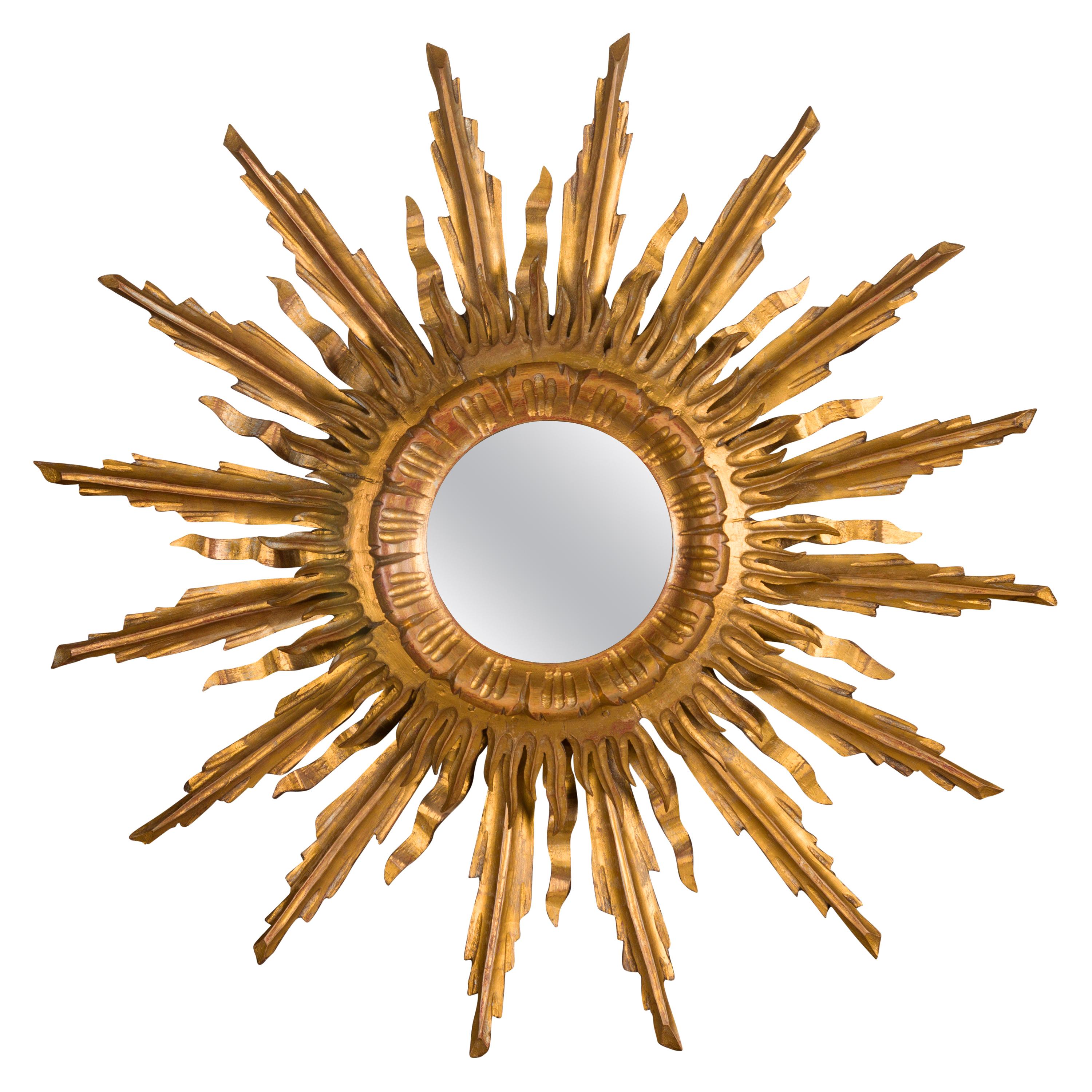 French Vintage Giltwood Midcentury Convex Sunburst Mirror with Wavy Rays
