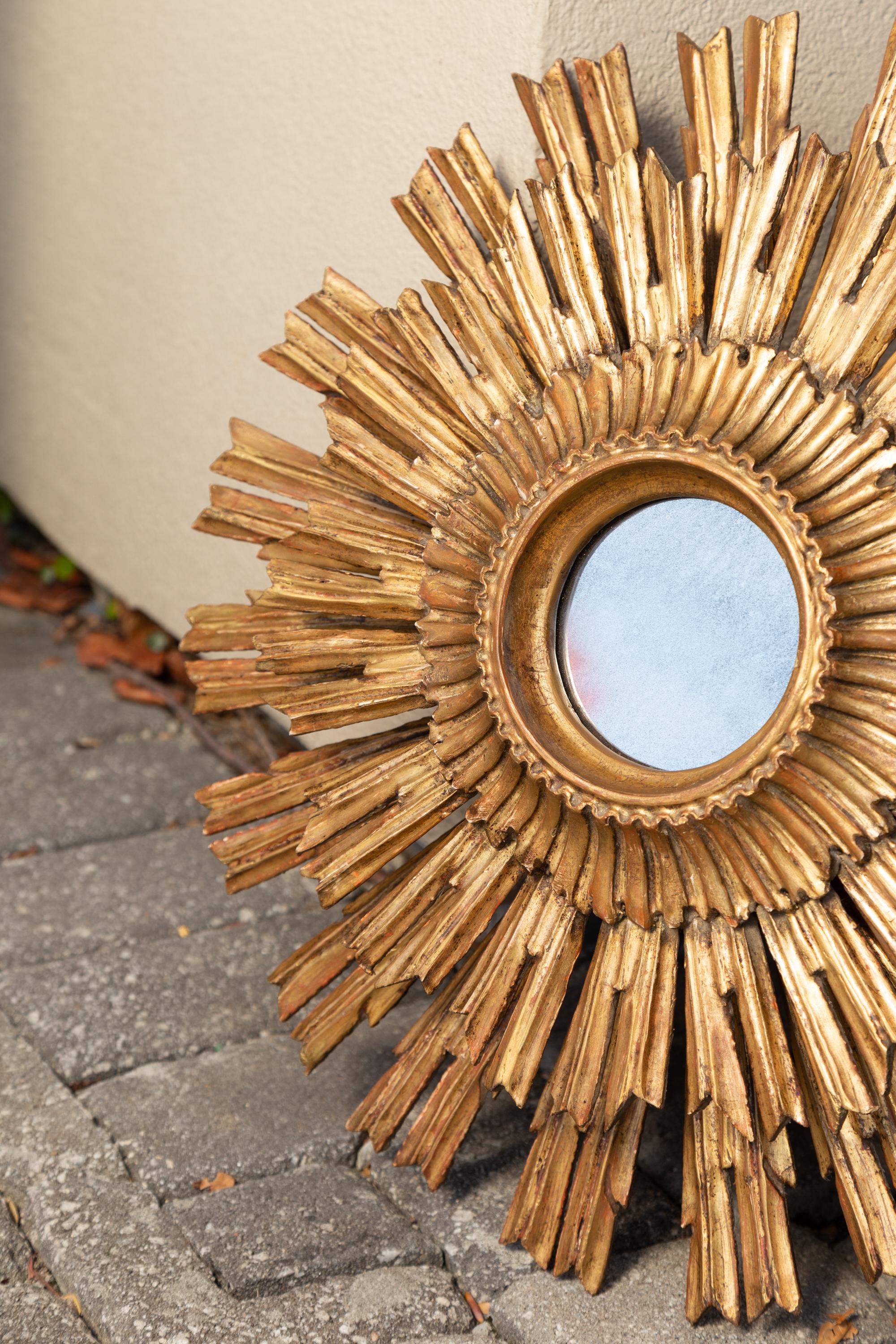 20th Century French Vintage Giltwood Three-Layered Sunburst Mirror with Small Mirror Plate
