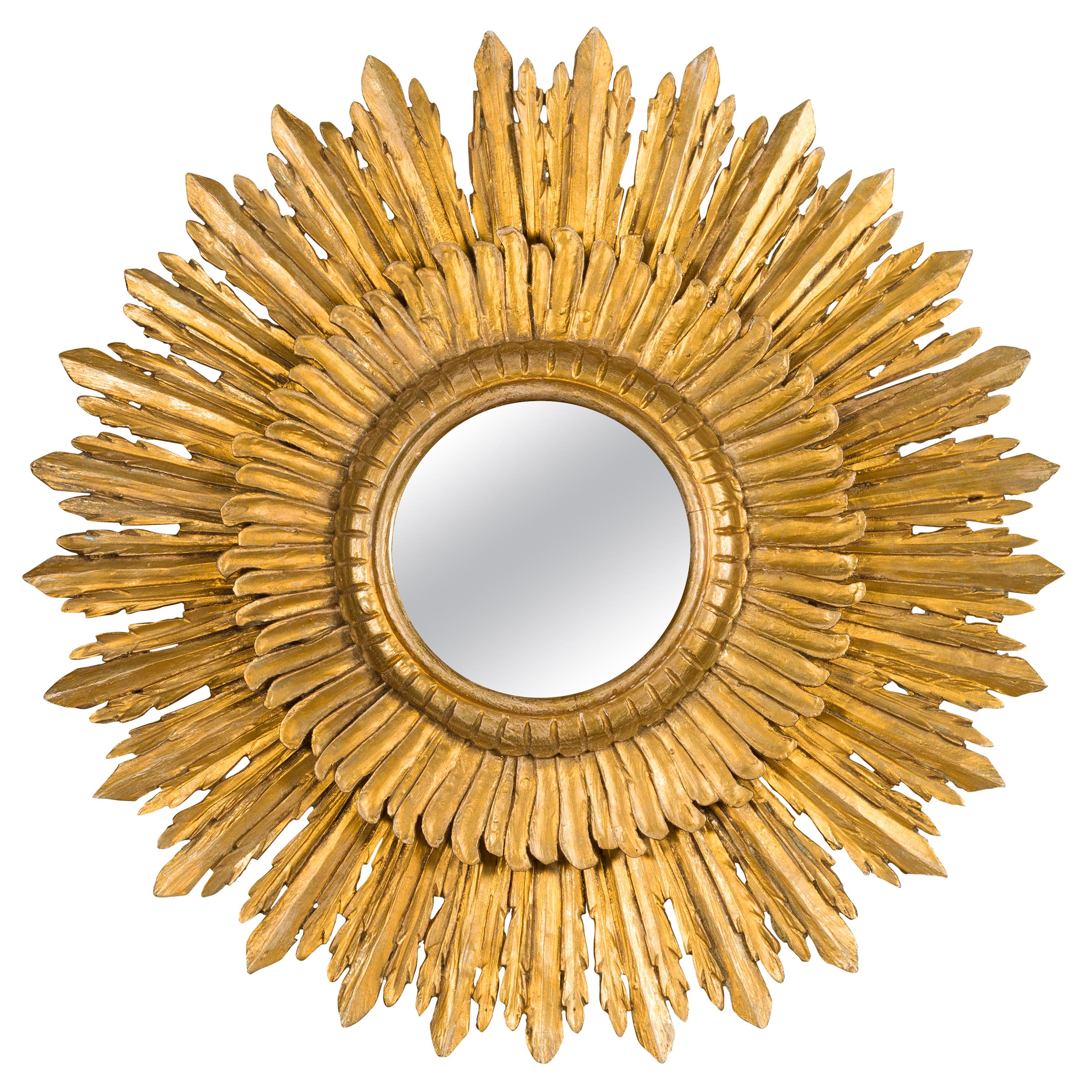 French Vintage Giltwood Two-Layer Sunburst Mirror with Small Mirror Plate