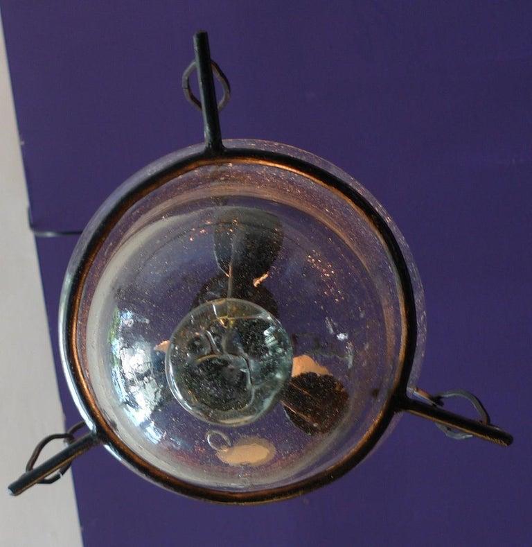French Vintage Glass Bell Jar Pendant with Iron Fittings with 3 Centre Lights For Sale 7