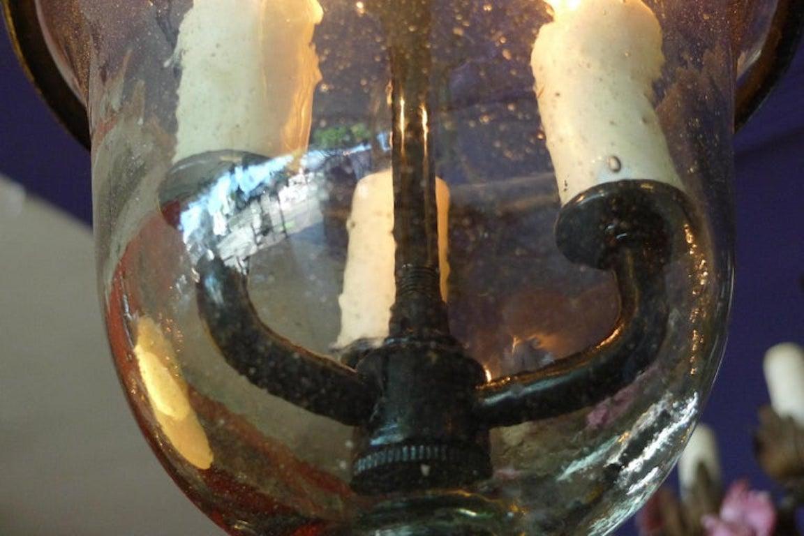 French Vintage Glass Bell Jar Pendant with Iron Fittings with 3 Centre Lights For Sale 11