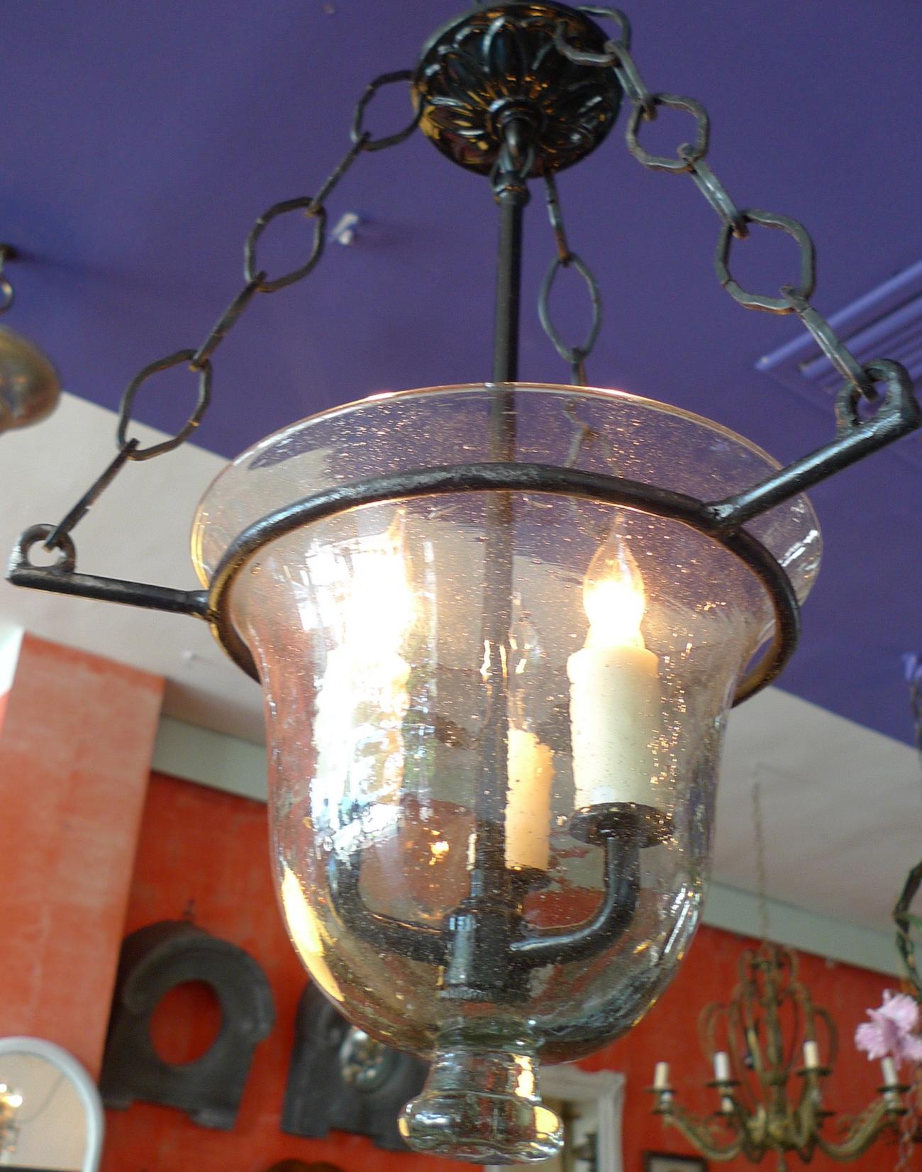 French vintage glass bell jar pendant with iron fittings with 3 centre lights.