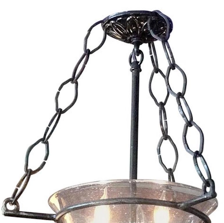 French Vintage Glass Bell Jar Pendant with Iron Fittings with 3 Centre Lights In Good Condition For Sale In Santa Monica, CA