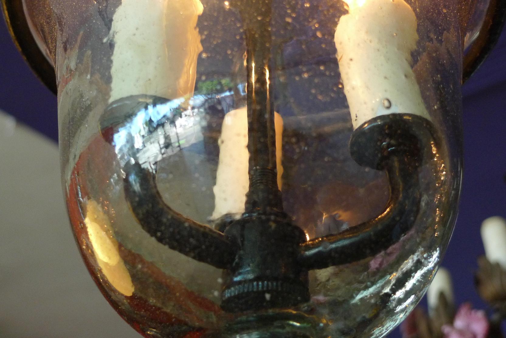 French Vintage Glass Bell Jar Pendant with Iron Fittings with 3 Centre Lights 1