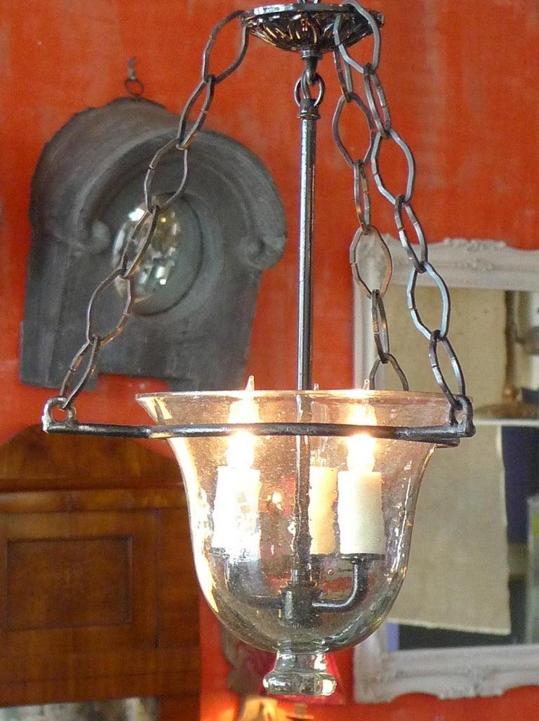 French Vintage Glass Bell Jar Pendant with Iron Fittings with 3 Centre Lights For Sale 5