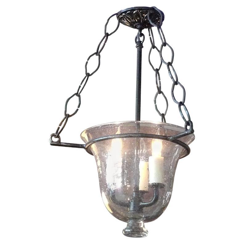 French Vintage Glass Bell Jar Pendant with Iron Fittings with 3 Centre Lights