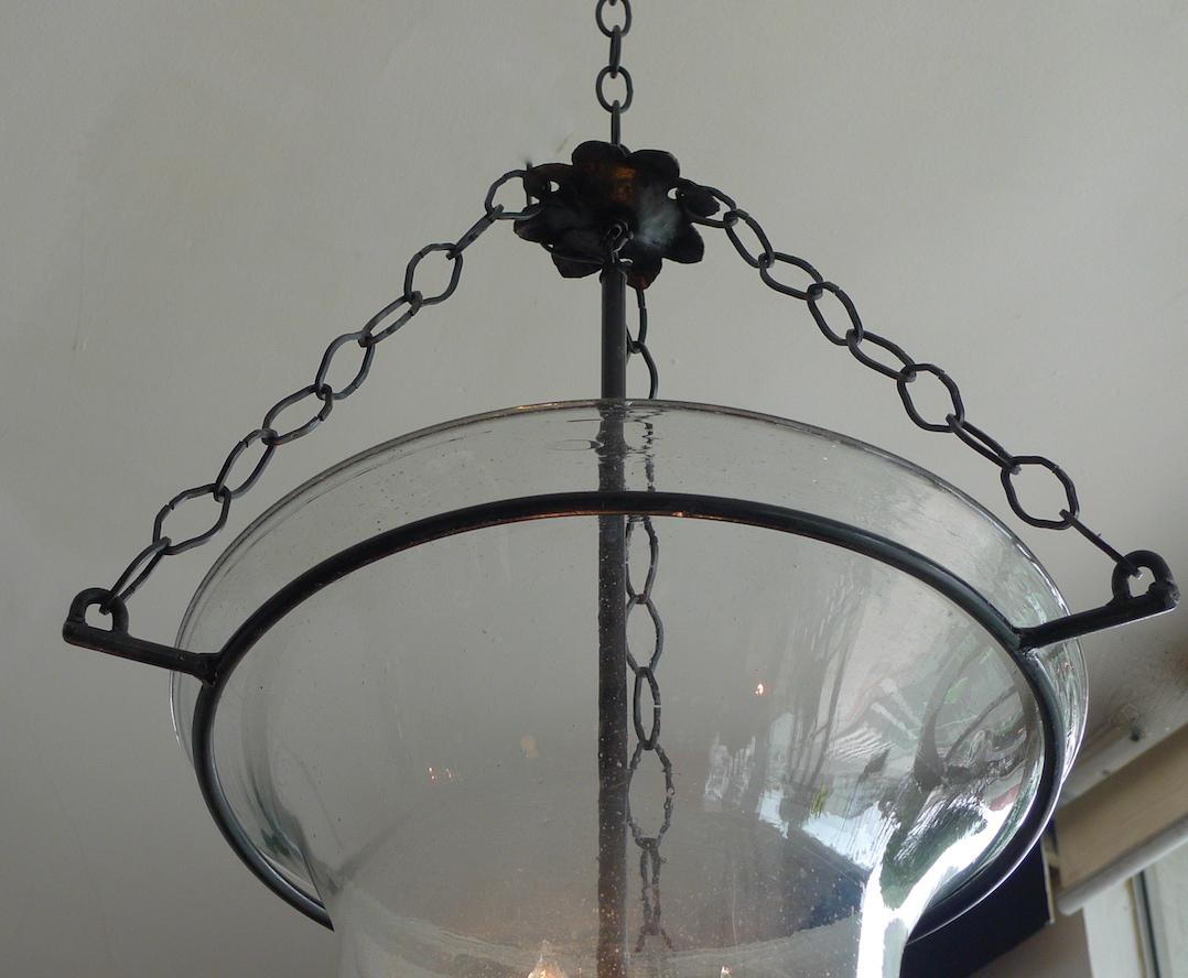 French Vintage Glass Bell Jar with Wrought Iron Fittings and 3 Centre Lights. In Good Condition In Santa Monica, CA