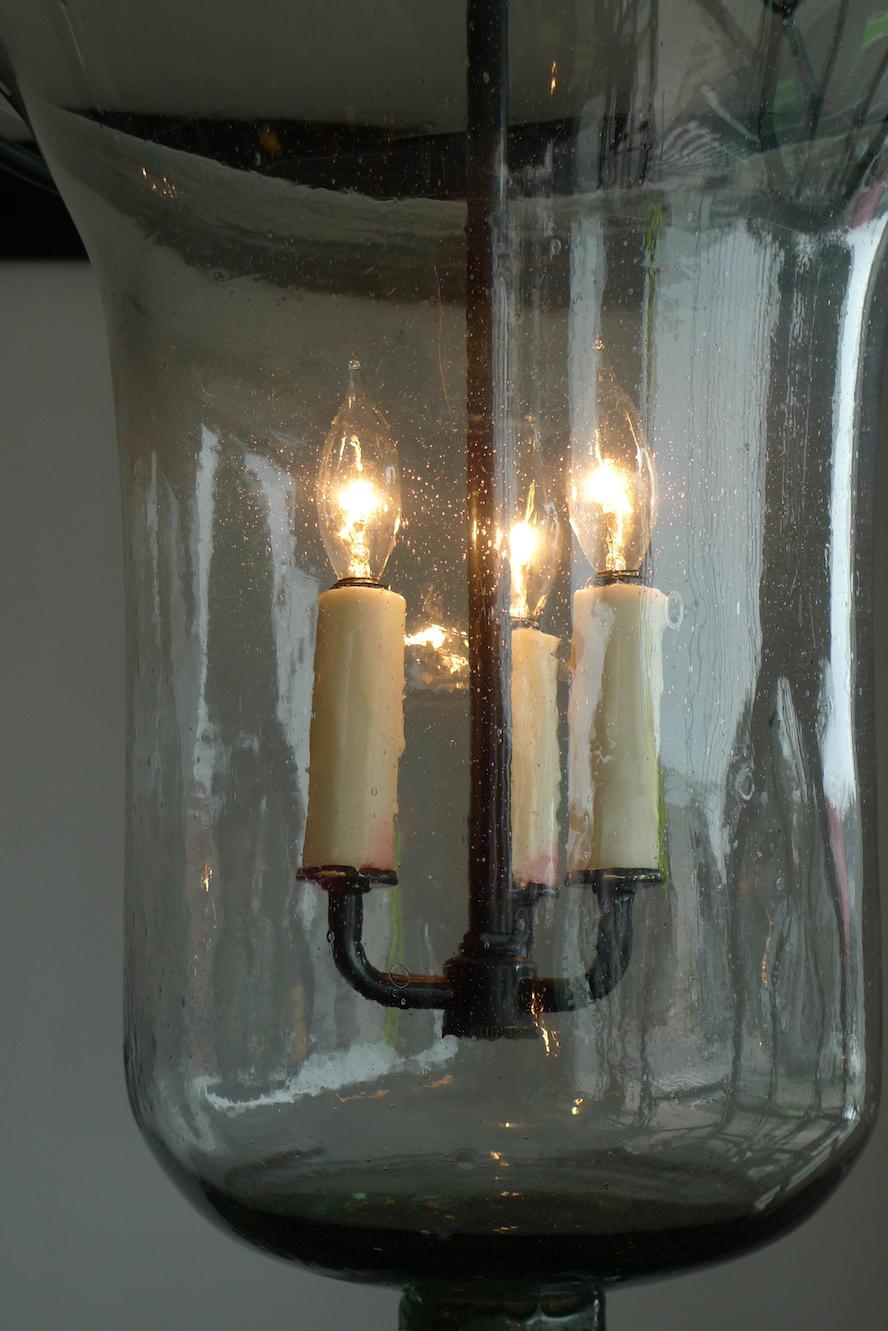 20th Century French Vintage Glass Bell Jar with Wrought Iron Fittings and 3 Centre Lights.