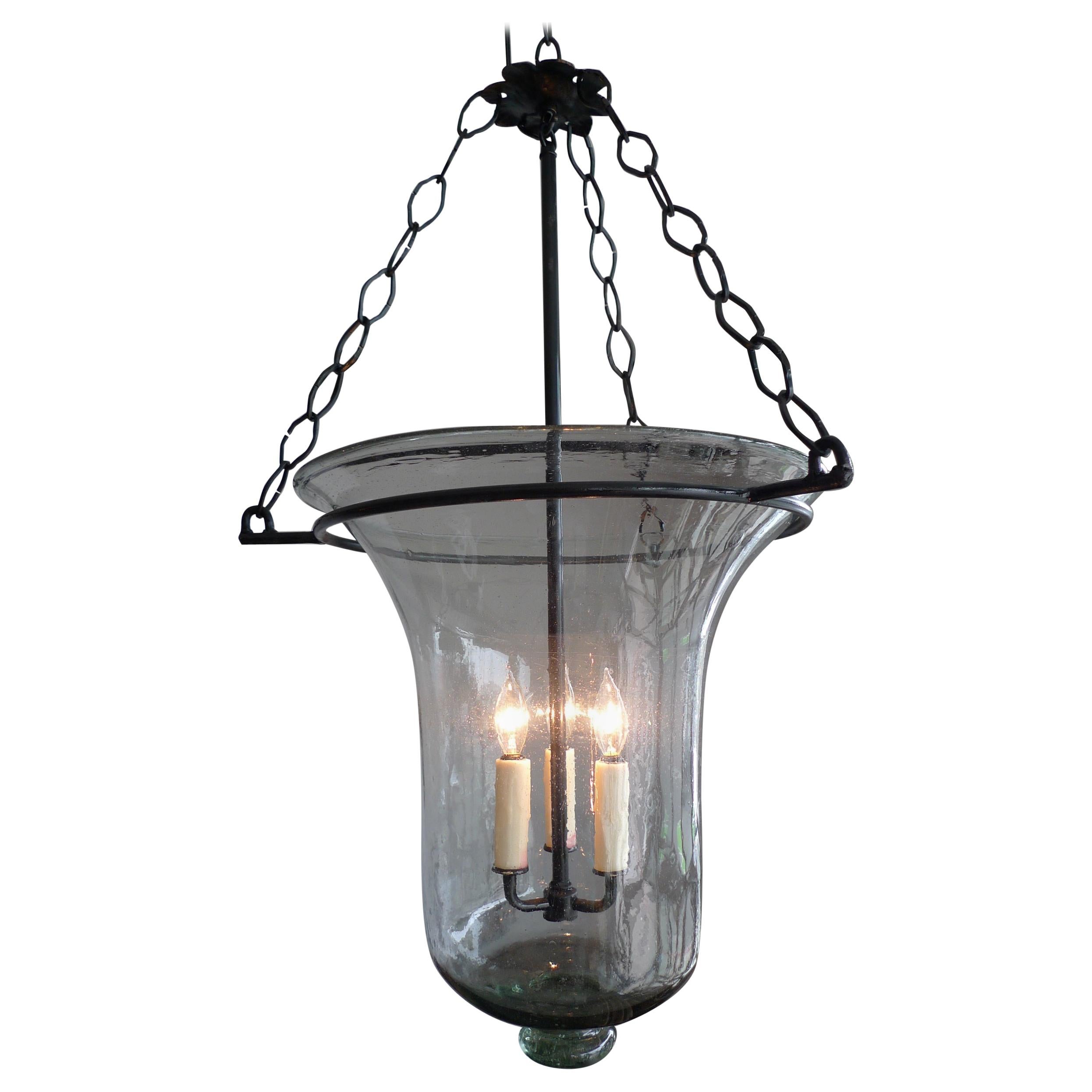 French Vintage Glass Bell Jar with Wrought Iron Fittings and 3 Centre Lights.