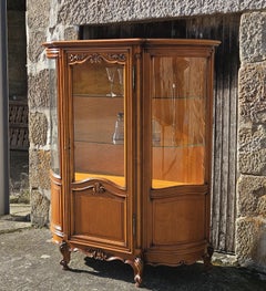 French Vintage Glass Display Cabinet-Cherry wood Vitrine-Style Louis XV-70s