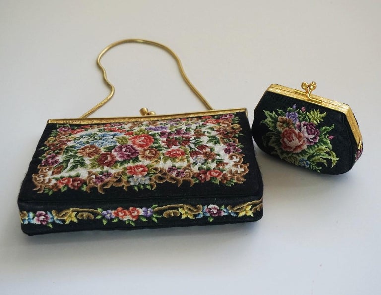 French Vintage Gobelin Set of Clutch Handbag and Coin Purse, Circa 1920