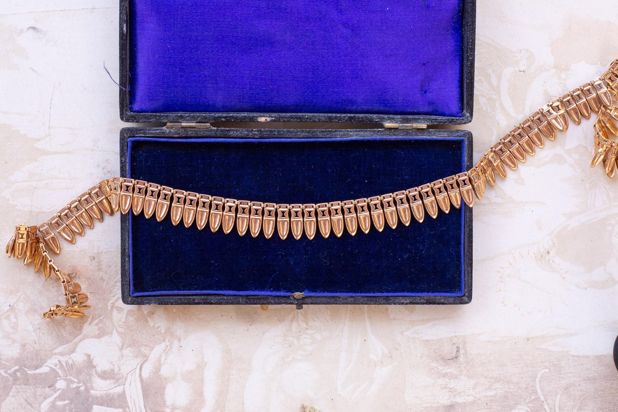 Etruscan Revival French Vintage Gold Amphora Fringe Necklace Archaeological Revival Etruscan For Sale