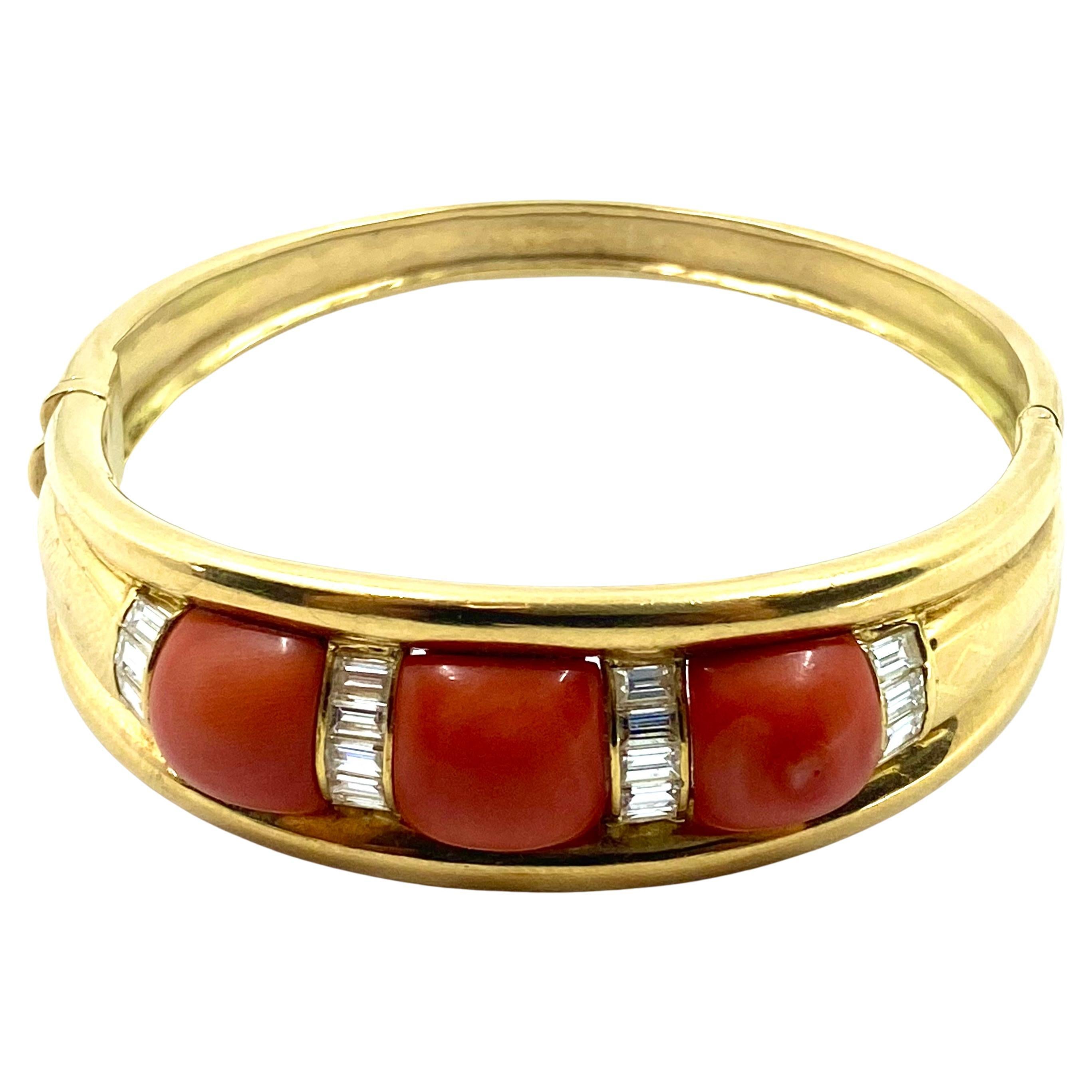 French Vintage Gold Bangle Bracelet Coral Diamond For Sale