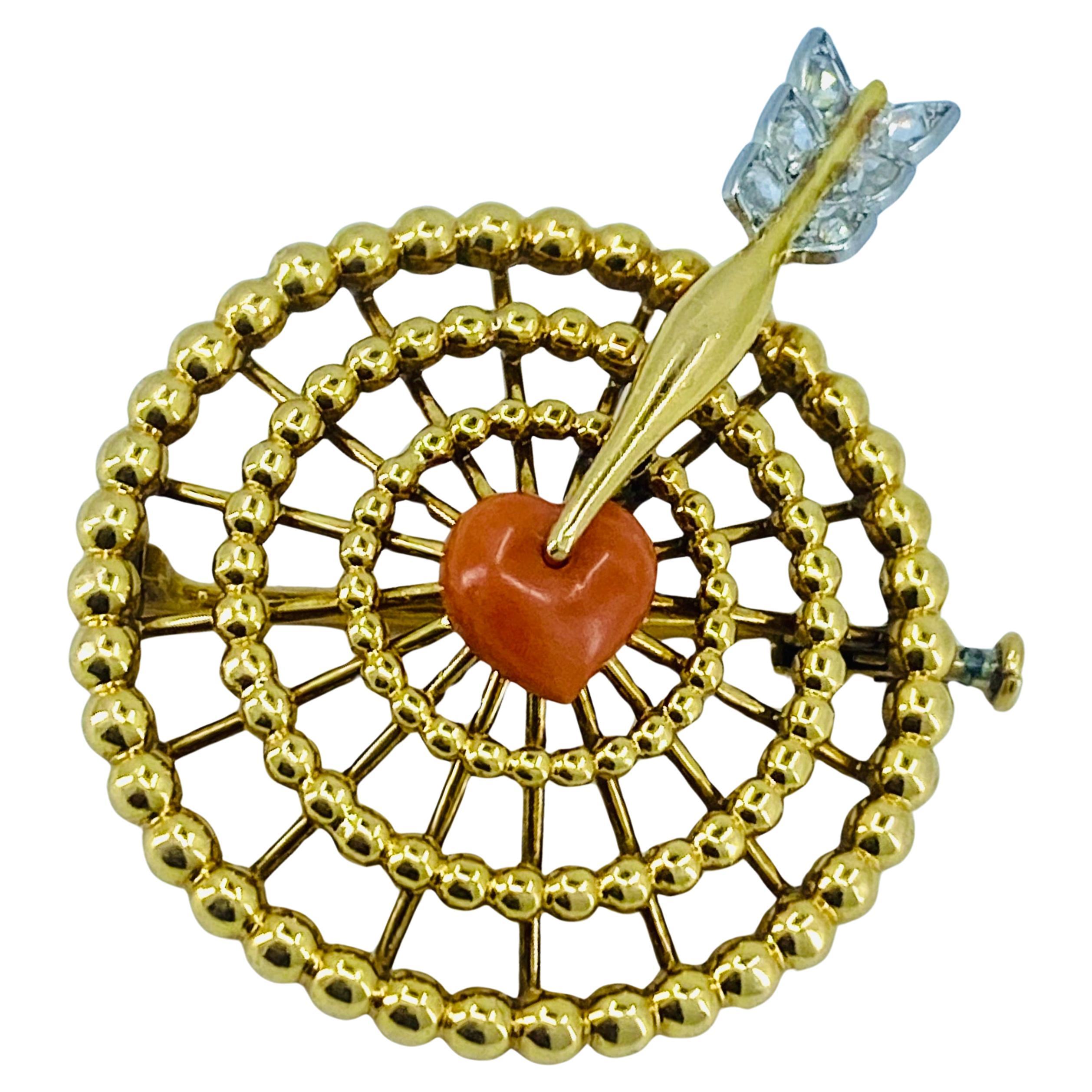 Mixed Cut French Vintage Gold Brooch Coral Heart Diamond For Sale