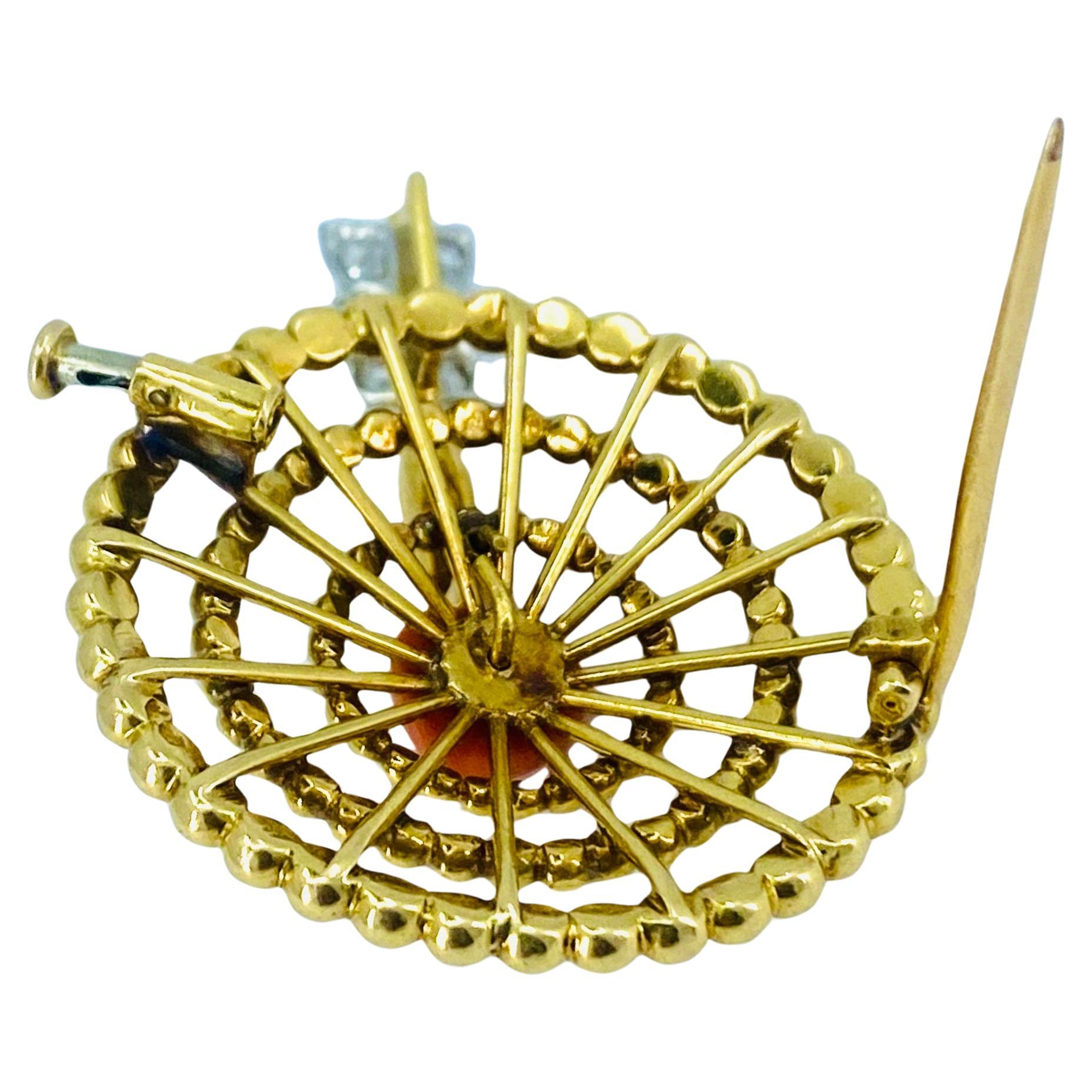 Women's French Vintage Gold Brooch Coral Heart Diamond For Sale