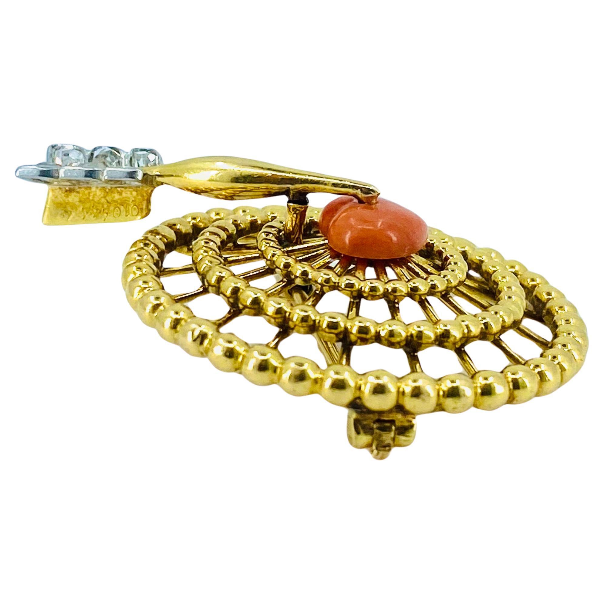 French Vintage Gold Brooch Coral Heart Diamond For Sale 1