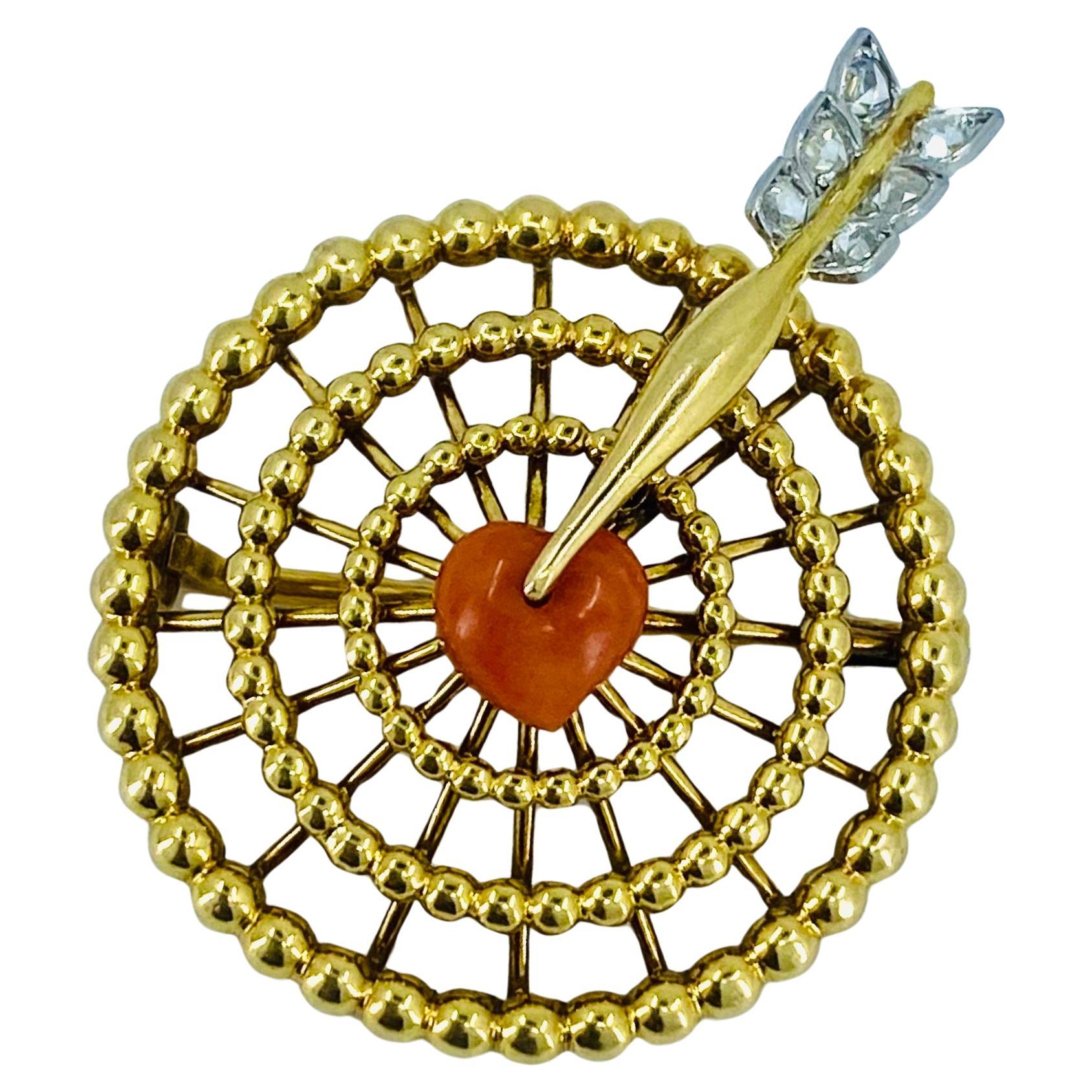 French Vintage Gold Brooch Coral Heart Diamond