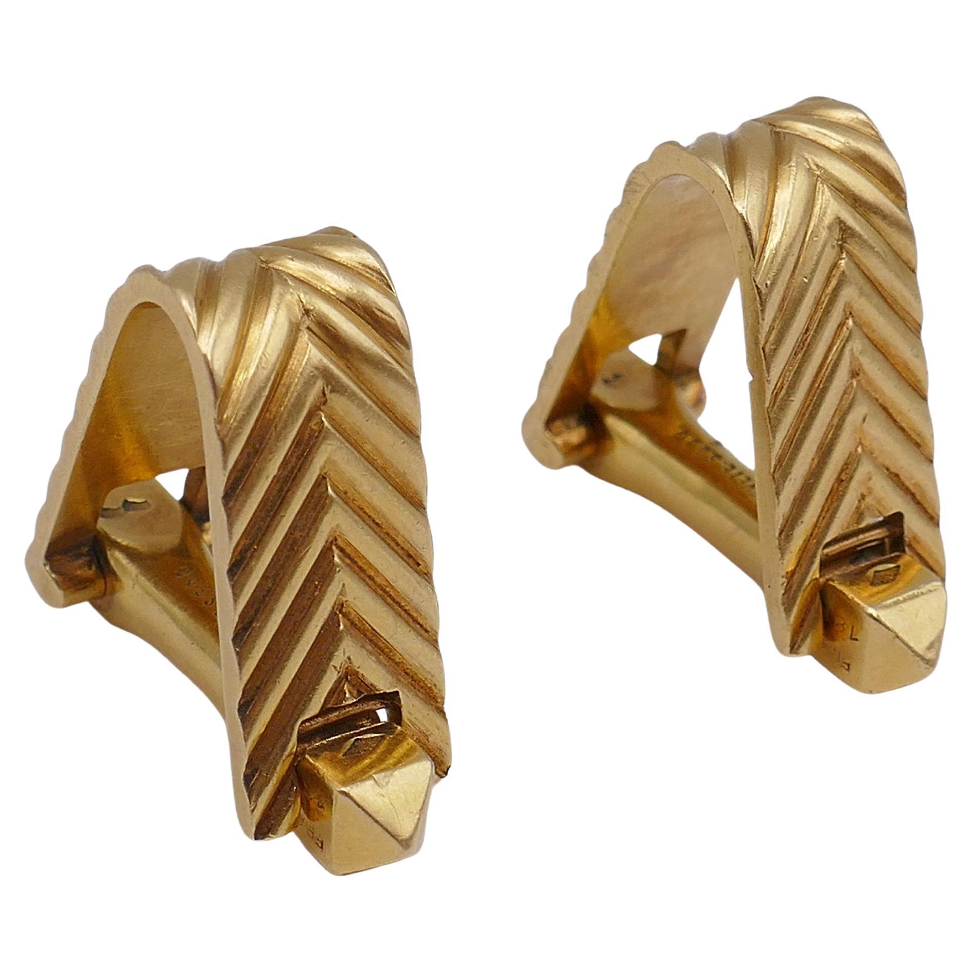French Vintage Gold Herringbone Breveté SGDG Cufflinks For Sale