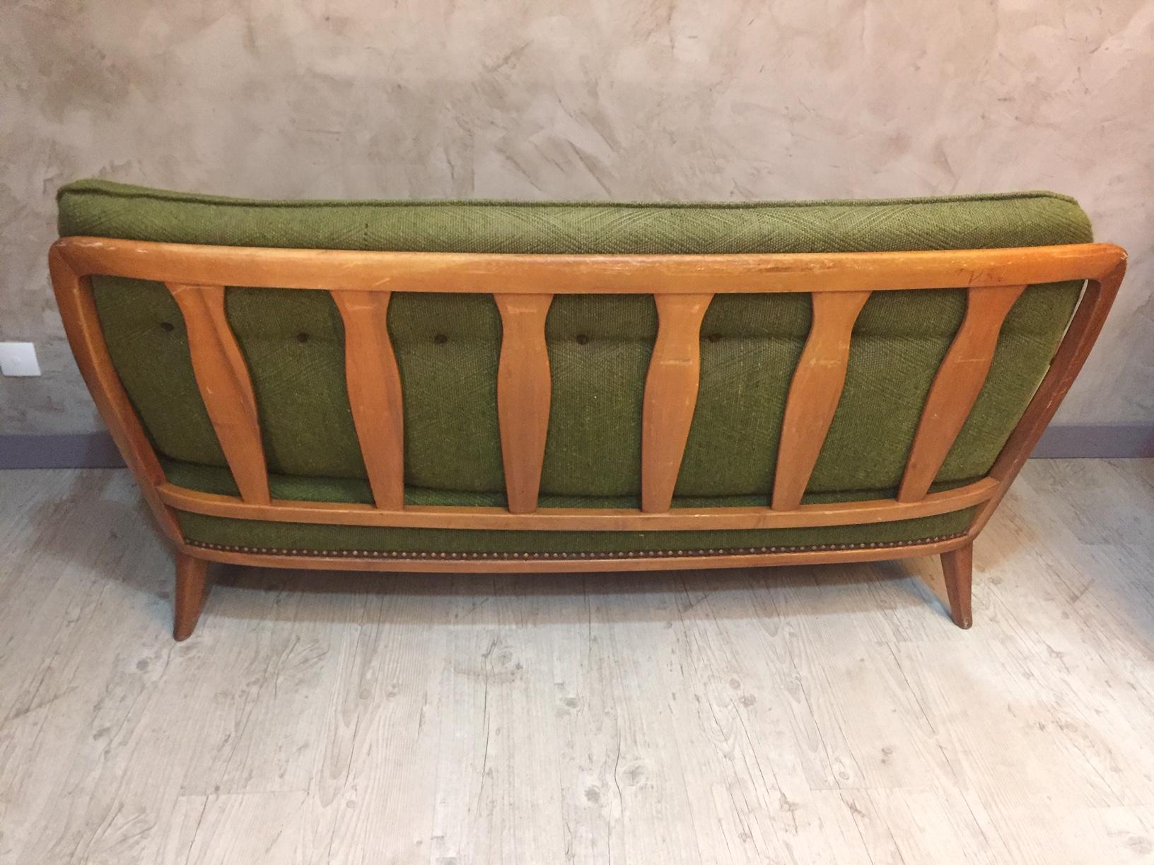 Mid-20th Century French Vintage Green Fabric Three Seater Sofa, 1960s