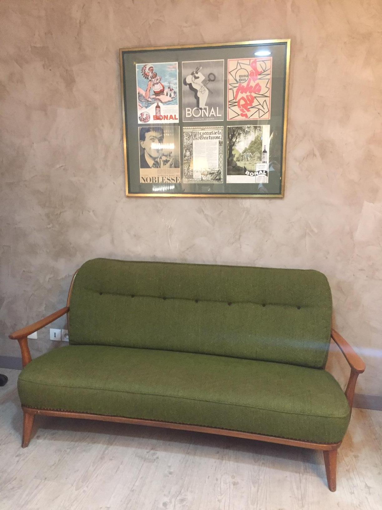 French Vintage Green Fabric Three Seater Sofa, 1960s 3