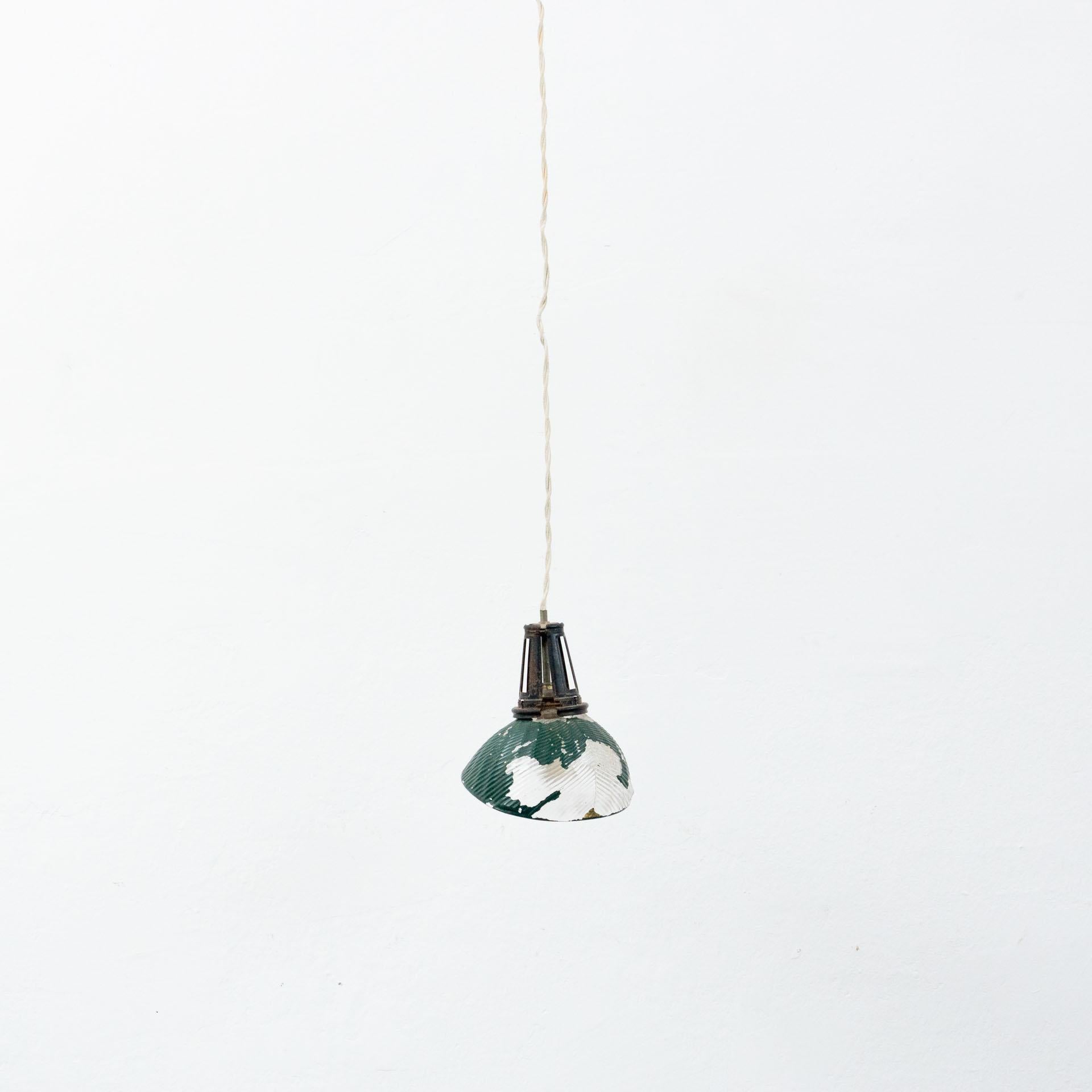 French vintage green glass ceiling lamp.
By unknown manufacturer from France, circa 1940.

In original condition, with minor wear consistent with age and use, preserving a beautiful patina.

Materials:
Glass
Metal

Dimensions:
D 20.5 cm x
