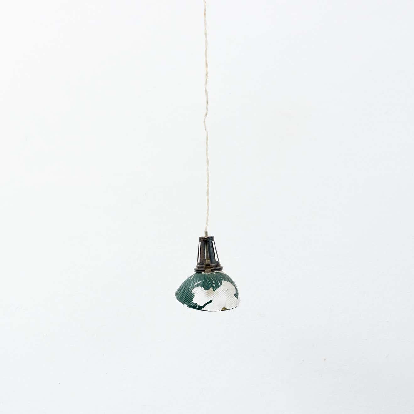 French vintage green glass ceiling lamp.
By unknown manufacturer from France, circa 1940.

In original condition, with minor wear consistent with age and use, preserving a beautiful patina.

Materials:
Glass
Metal

Dimensions:
D 20.5 cm x