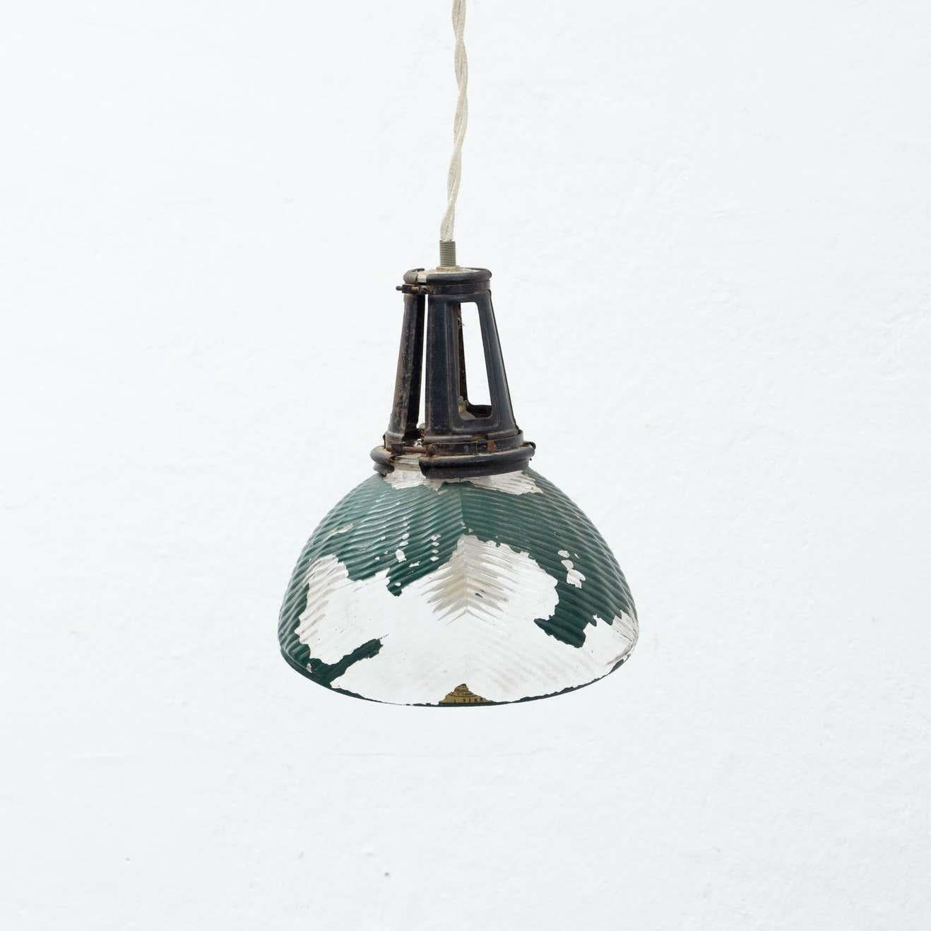Mid-20th Century French Vintage Green Glass Ceiling Lamp, circa 1940 For Sale