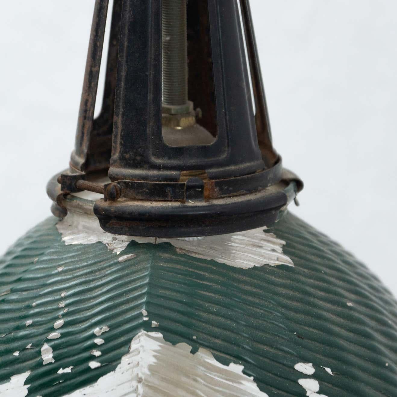 Metal French Vintage Green Glass Ceiling Lamp, circa 1940 For Sale